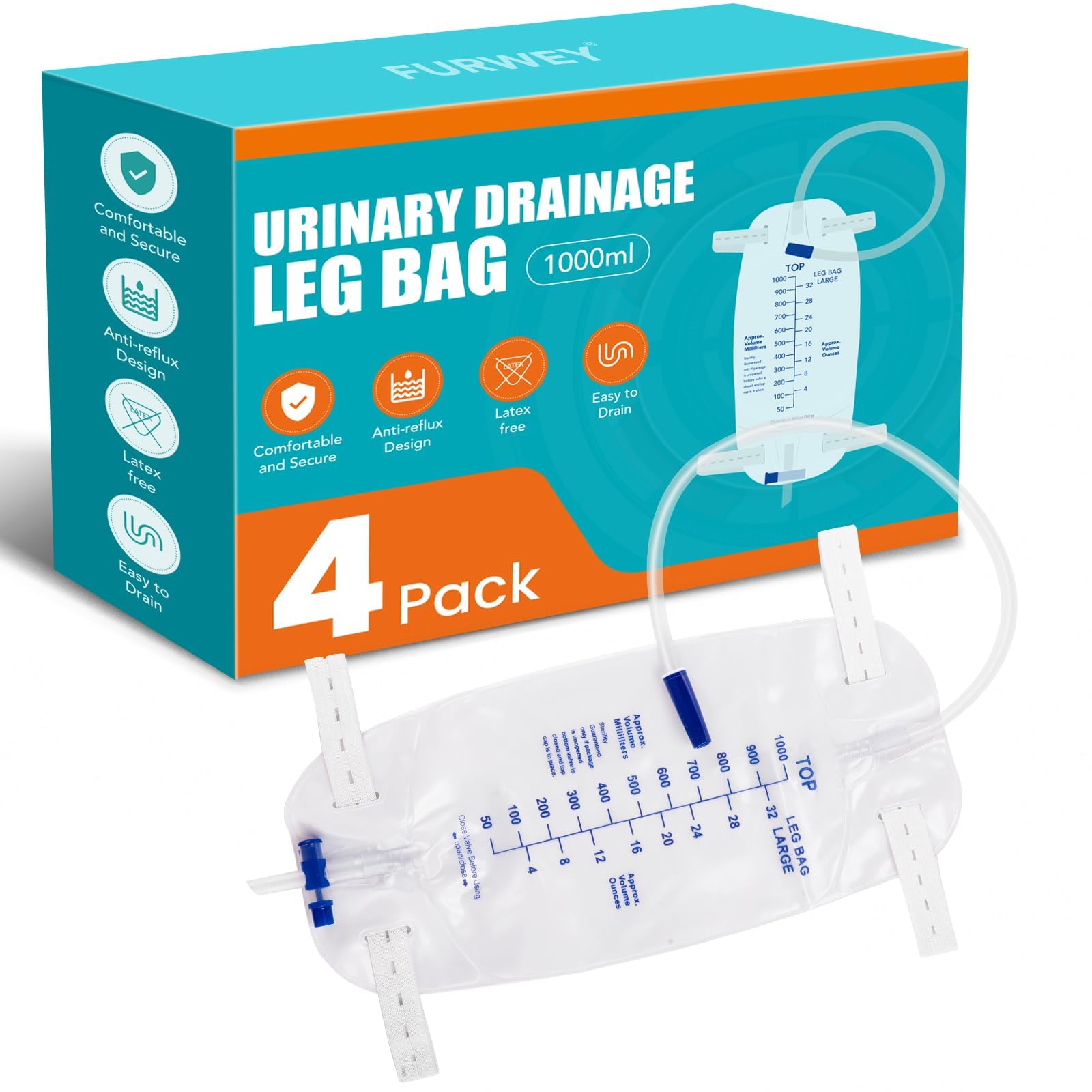 FURWEY 4-Pack 1000mL Catheter Bags, 18-inch Tubing with Anti-Reflux Valve