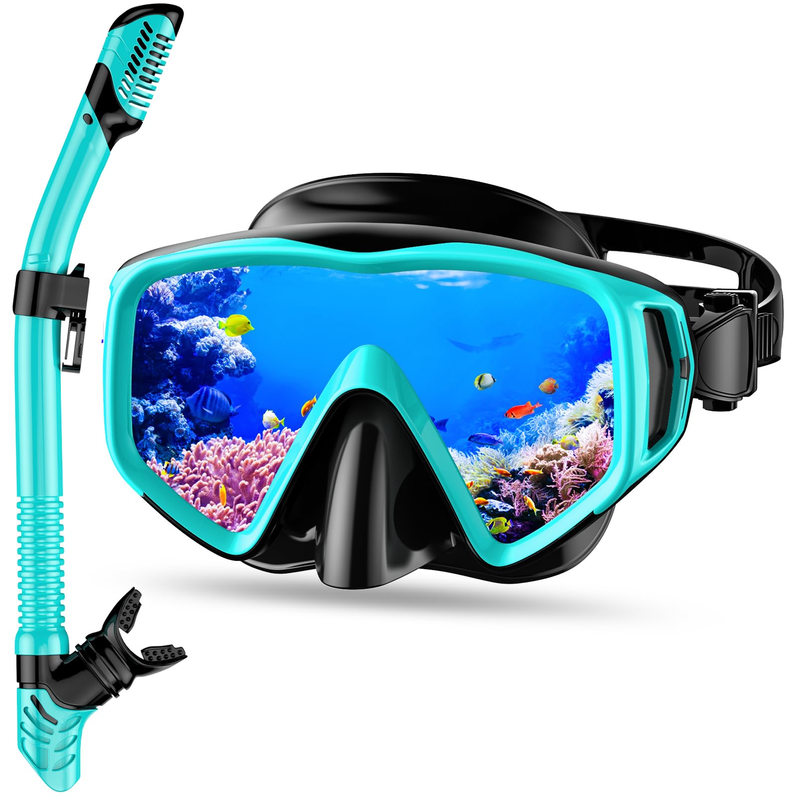 WISHBETY Juego de esnórquel para adultos, con gafas de buceo y tubo seco para hombre y mujer, antifugas y antivaho, máscara de buceo de vidrio templado para buceo, esnórquel y natación