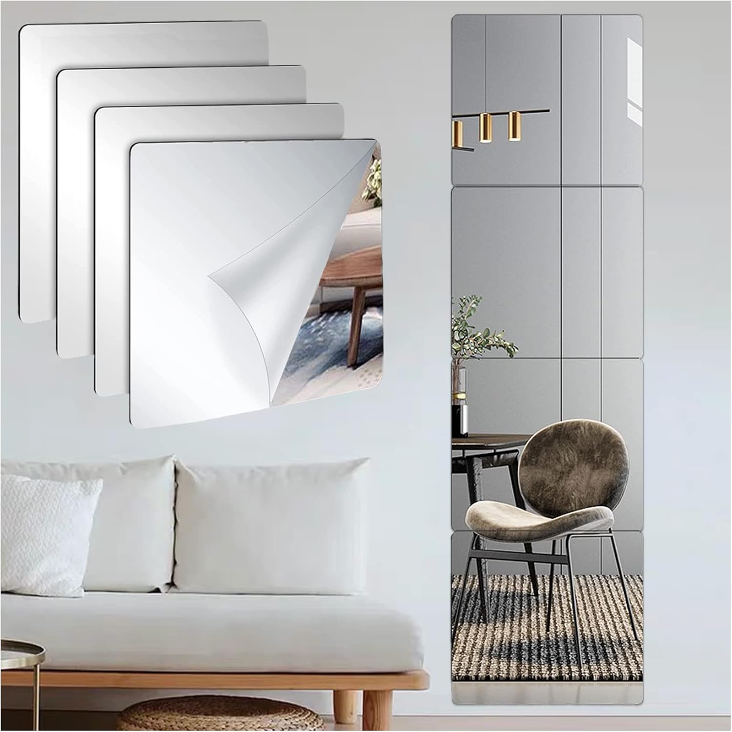 Mirror Sticker, 4PCS Square Wall Mirror Full Length Mirror Tiles, 12