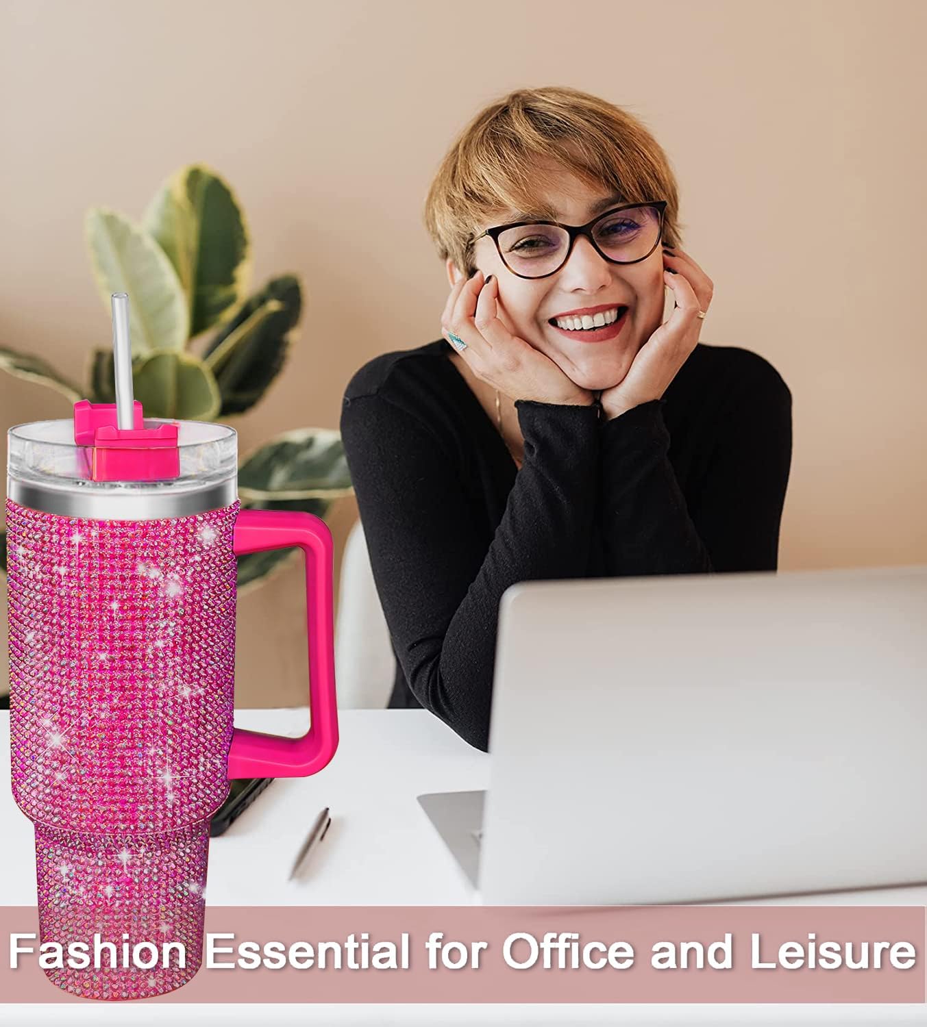 40oz Tumbler with Handle-Glitter Rhinestones Tumbler Bling Cups Stainless Steel Water Bottle Diamond Studded Tumbler for Women-Birthday Gifts for Women, Mom, Girlfriend (Fuchsia) - Image 5