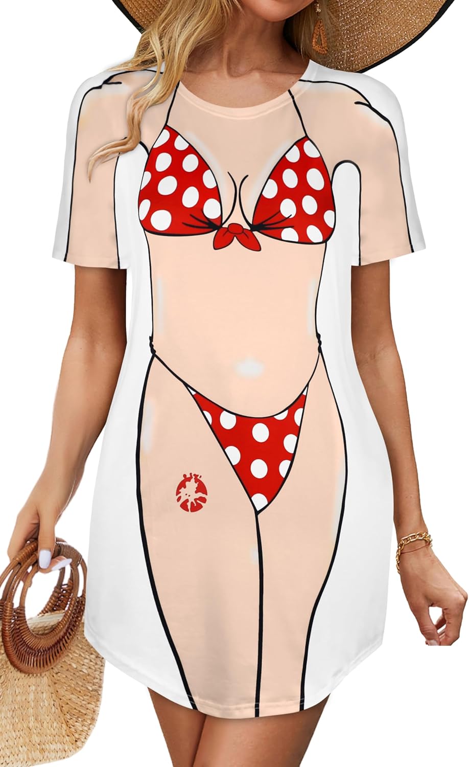 elescat Women's Beach Cover Up Bikini Printed Short Sleeve Tshirt Dress Baggy Cute Coverups