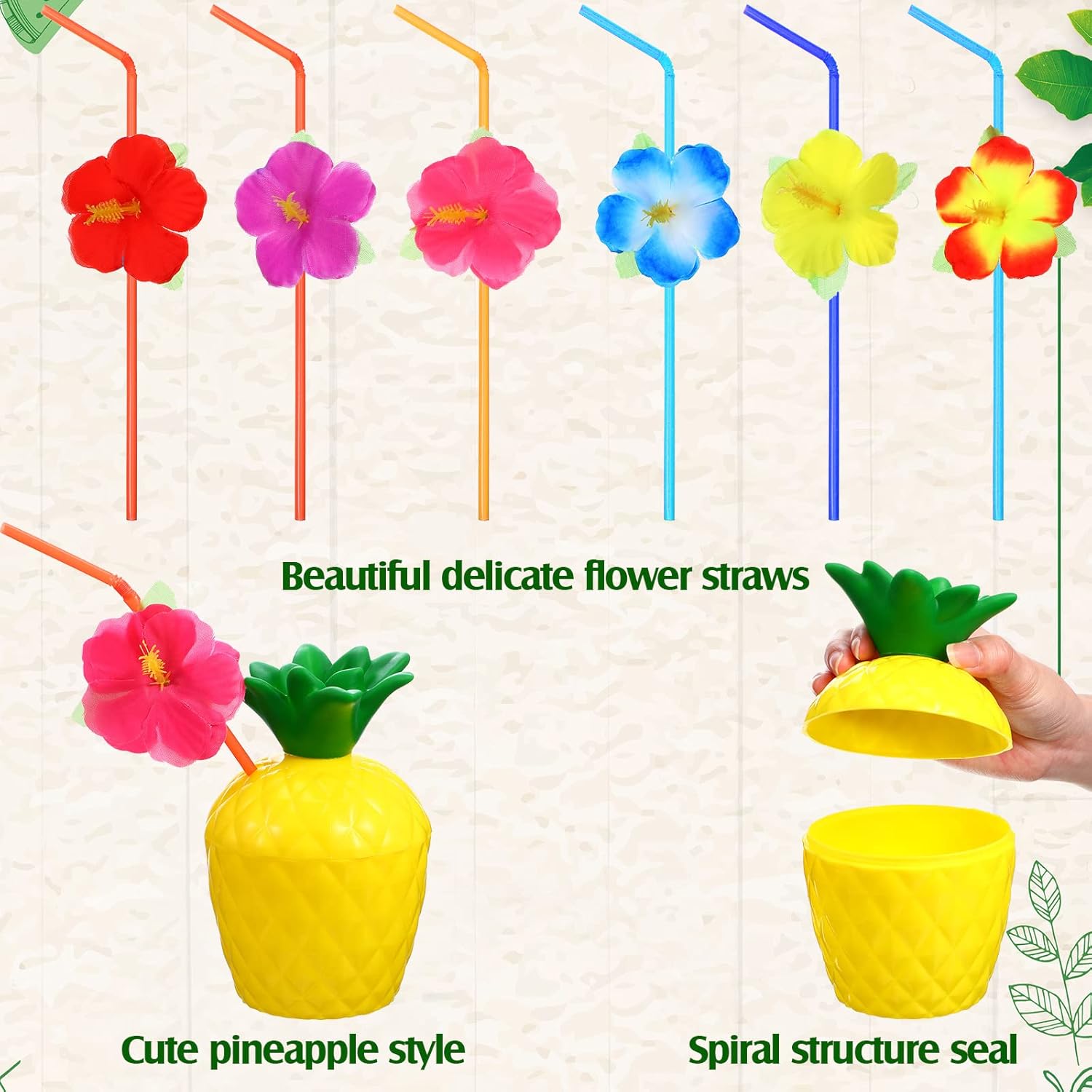CHENGU 24 Pieces Pineapple Cups Plastic Pineapple Drink Cups with Lids and Flower Straws for Hawaii Luau Party Tropical Fruit Themed Beach Party Supplies Decoration