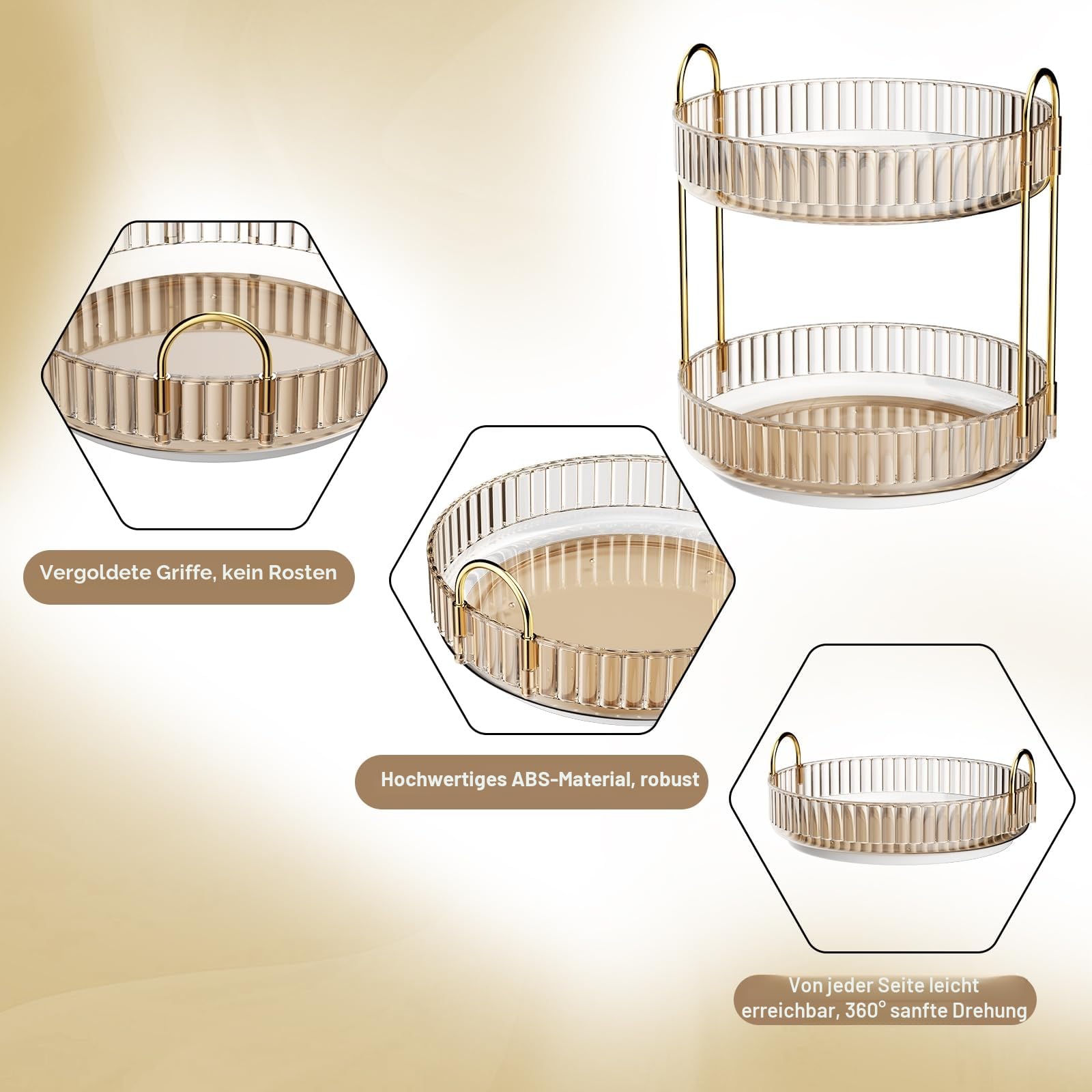 MOACC Make Up Kosmetik Organizer, 360° Drehbar Aufbewahrung, Schmink Organizers für Dresser Schminktisch Skincare Aufbewahrungssystem, 2 Schichten, Bernstein