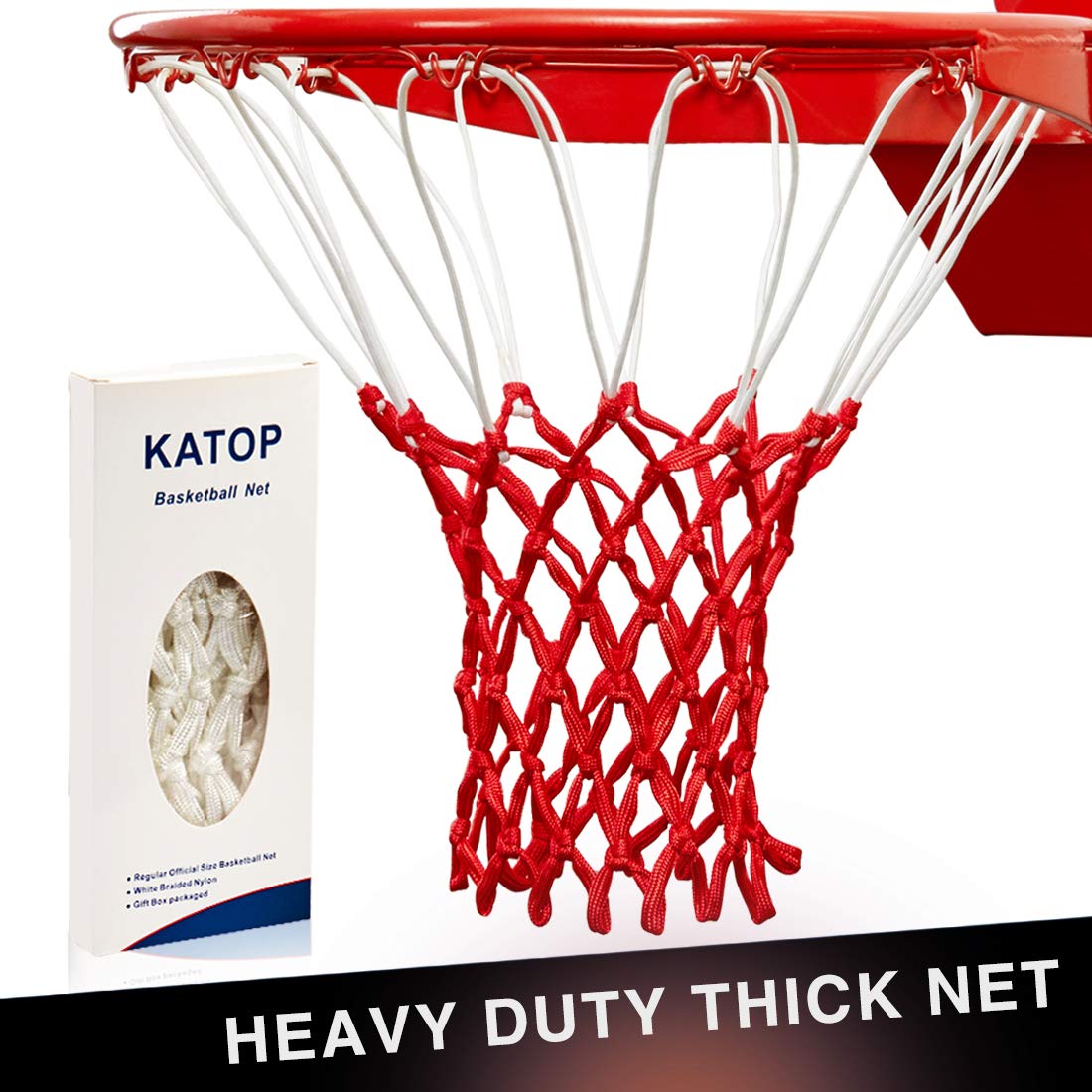 KATOP Premium Quality Professional Heavy Duty Basketball Net Replacement - All Weather Anti Whip,Fits Standard Indoor or Outdoor Rims - 12 Loops (White&Red)