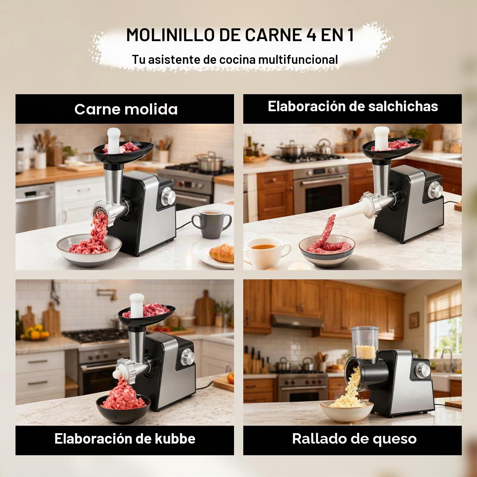 Picadora eléctrica de carne,embutidora de salchichas,y trituradora de verduras de acero inoxidable de 2800W máx, 3 placas de picado, cortador de verduras con 5 cuchillas de corte y kit Kubb