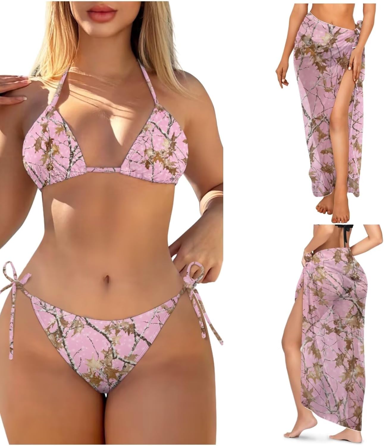 Xpyiqun Bikini Sets for Women 3 Piece Swimsuits with Cover Up Skirt Tropical Bathing Suit Beach Coverup Halter Triangle