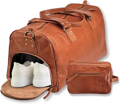 Leather Duffle Bag for Men & Women, 46L Overnight Weekender Garment Duffel Bags for Travel, Carry On Mens Weekend Bag for Traveling, Gym - 23 Inch, Brown Tan