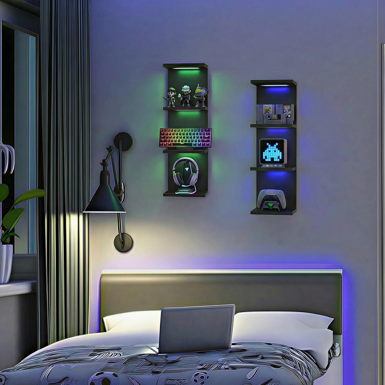 4 Tier RGB Wall Shelf-Gaming Shelf with Remote Control, Lack Shelves with Light for Bedroom | Easy to Install Cosmetic & Display Modern Shelf, Black