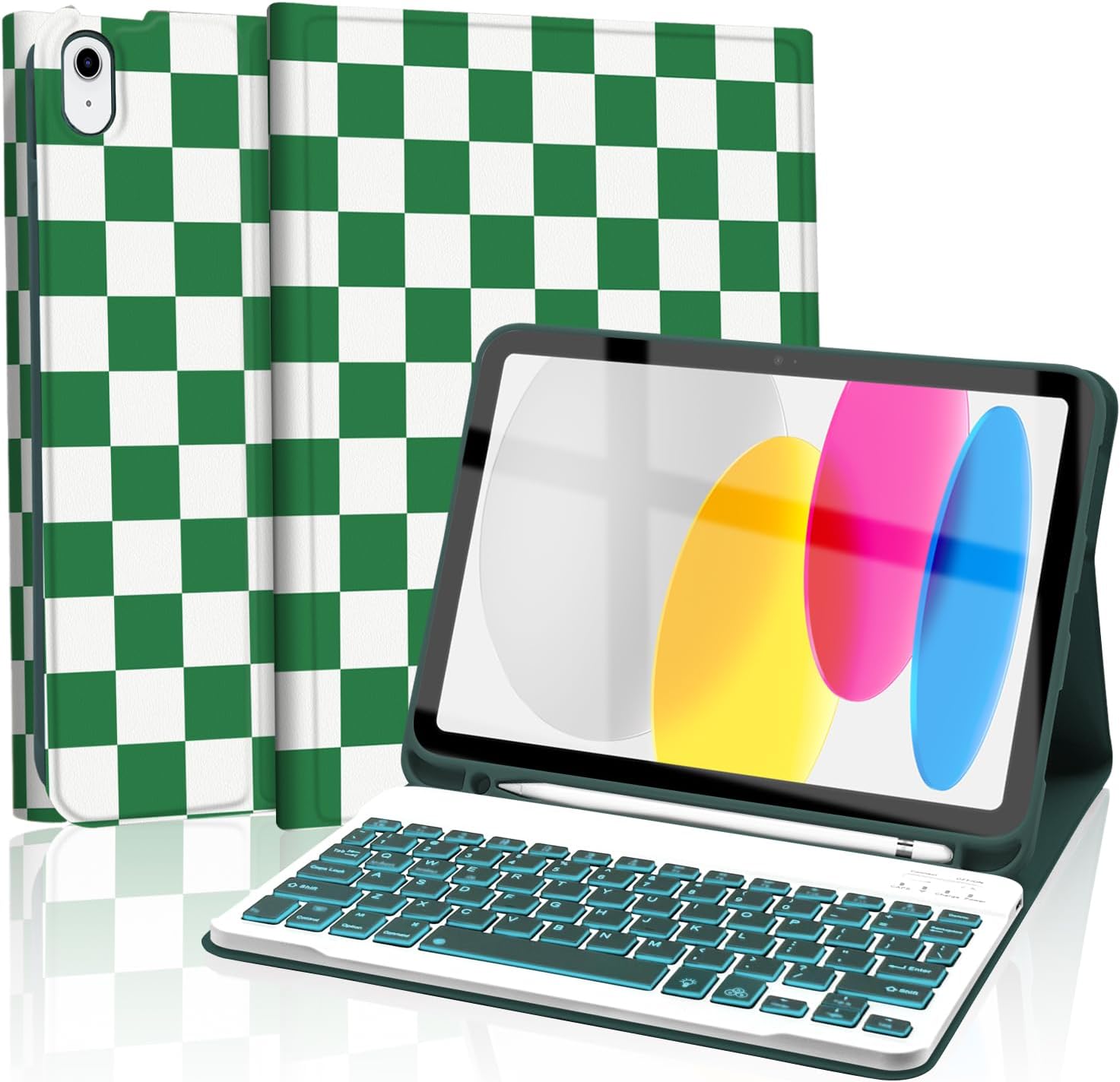 for iPad 11th 10th Generation Case with Keyboard, Backlights LED Wireless Keyboard Cover with Pencil Holder for 11th A16 11-inch 2025，10th Gen 10.9 Inch 2022, Checkered Plaid Green-White