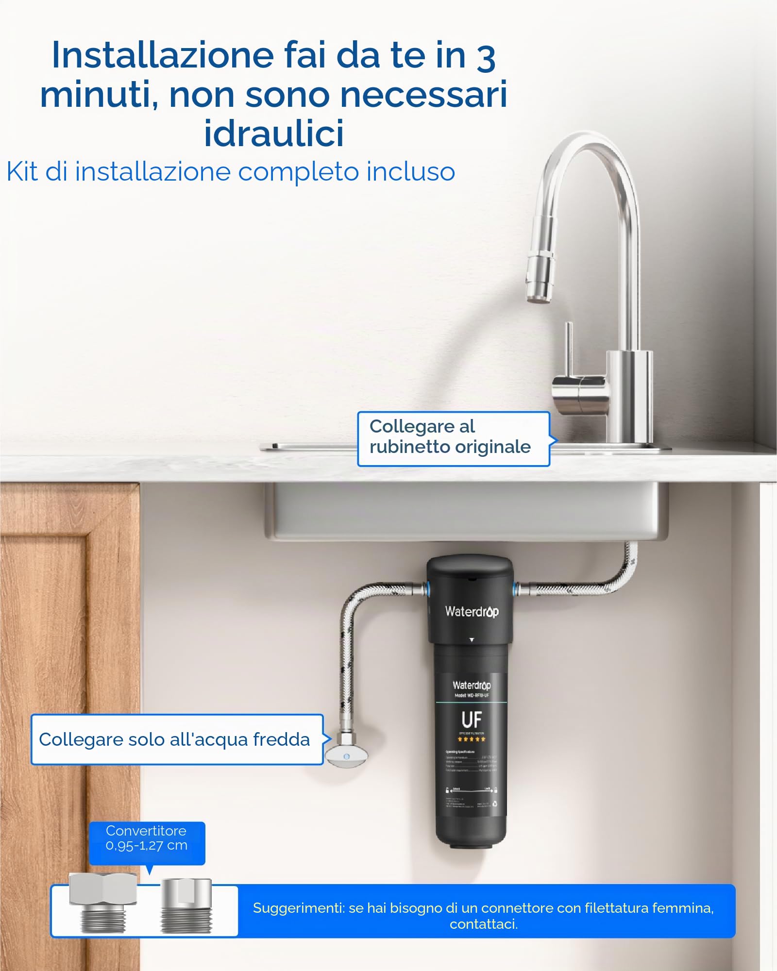 Waterdrop 10UA-UF Filtraggio dell'Acqua Sistema sotto il Lavello, i Filtrazione dell'Acqua ultra da 0,01 Micron, Riduce Cloro, Piombo, Fluoruro, Cattivo Gusto e Odore, Alta Capacità 11000 Galloni