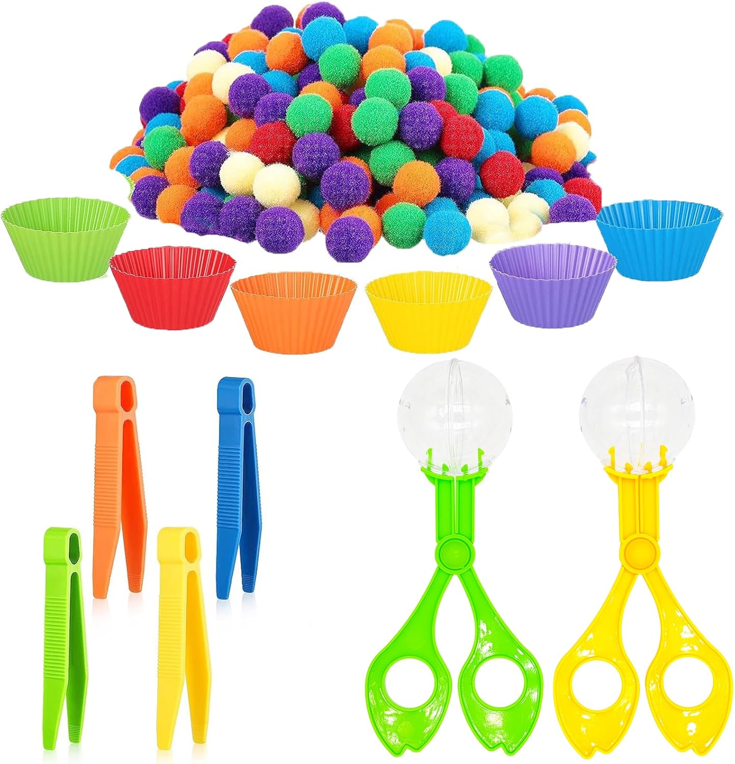 82 Pcs Fine Motor Skills Handy Scooper Set for Sorting Counting Training Development, Sensory Bin Filler Includes 6 Sorting Bowls, 4 Tweezers, 2 Scissors Clips, 70 Plush Balls