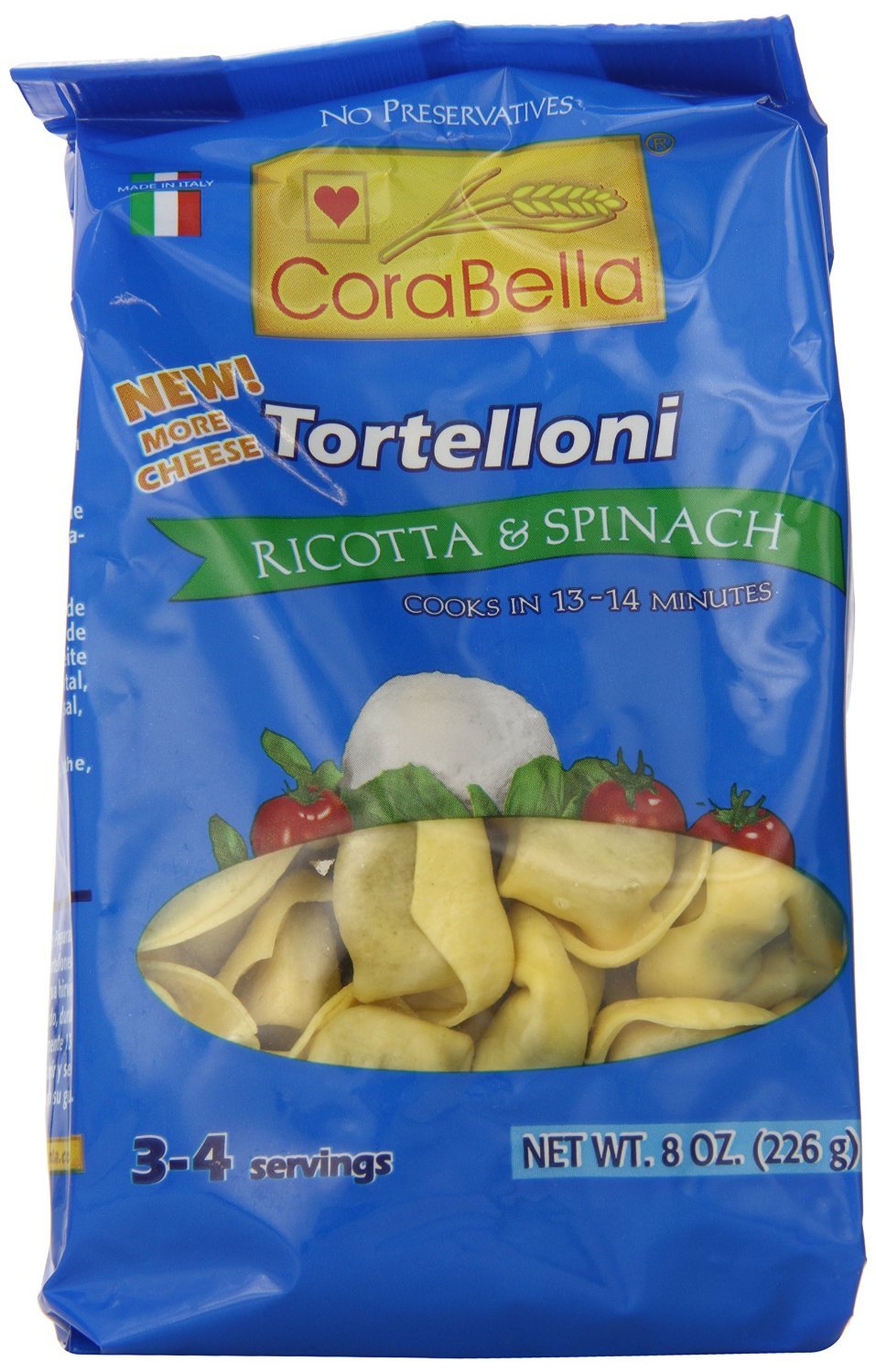 Corabella Classic Italian-Made Ricotta and Spinach Tortellini, 8.8 oz. of Fresh Cheese Tortellini Pasta