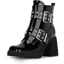 Womens Platform Chunky Heel Buckle Ankle Boots Patent Leather Side Zipper Booties