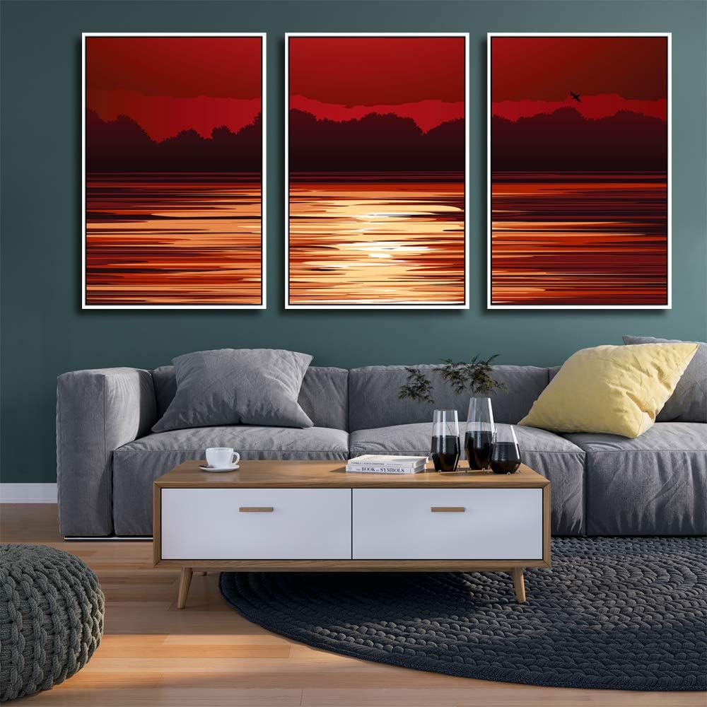 wall26 3 Piece Framed Canvas Wall Art for Living Room, Bedroom Seascape Illustration Canvas Prints for Home Decoration Ready to Hang - 16"x24"x3 Panels 16" x 24" x 3 Panels WHITE Scenery-1909-y22