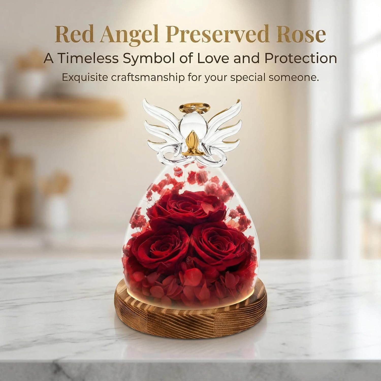 Preserved Red Rose Glass Angel Figurine - Forever Eternal Flowers in Glass Dome - Birthday Valentine Gift for Women Mom - Anniversary Wedding Present - Romantic Red Roses Angel Statue