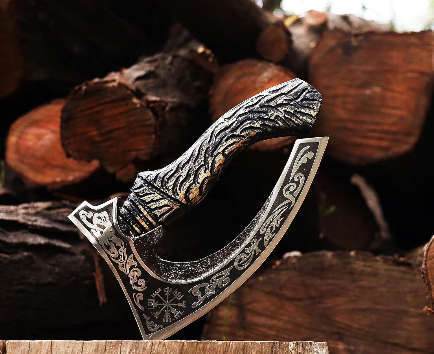 Viking Pizza Cutter Hand Forged Hatchet Mini Axe | Carbon Steel Slicer Chef Axe with Leather Sheath | Premium Pizza Oven Accessories for Camping, Hunting & Gifts for Men (Vk Pizza Axe)