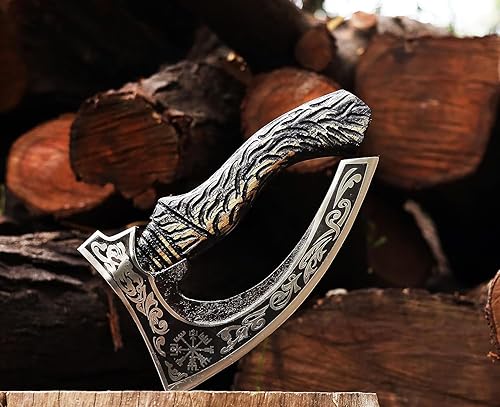 Vista 79 de Hacha vikinga – Hacha de hacha de acero al carbono de alta calidad con funda de cuero, mango de palisandro de 19 pulgadas, hacha pequeña para HACA