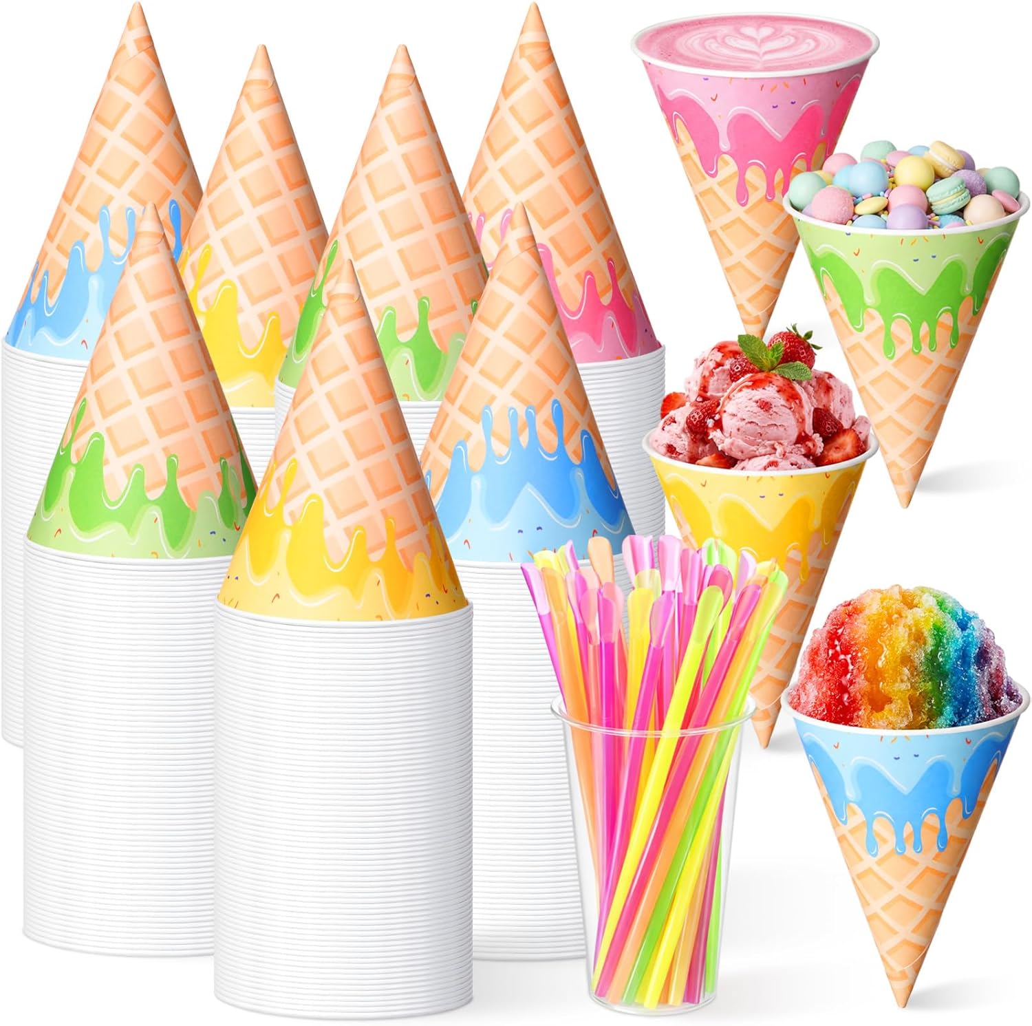 Honeydak 200 Pcs 6 oz Snow Cone Cups with Spoon Straws Disposable Paper Shaved Cups for Ice Cream Birthday Party Supplies