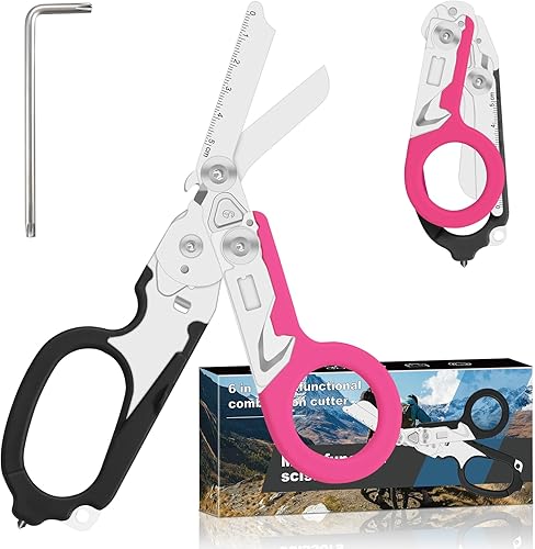 Vista 26 de 6 en 1 Tijeras de trauma plegables retráctiles, Tijeras de emergencia para camping al aire libre, Cortador de cinturón de seguridad, Llave