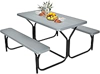 Vista 10 de GYMAX Mesa de pícnic, banco de picnic fácil de montar con mesa de grano de madera para todo tipo de clima y marco de metal, mesas de picnic