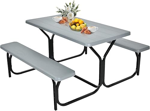 Miniatura 10 de GYMAX Mesa de pícnic, banco de picnic fácil de montar con mesa de grano de madera para todo tipo de clima y marco de metal, mesas de picnic