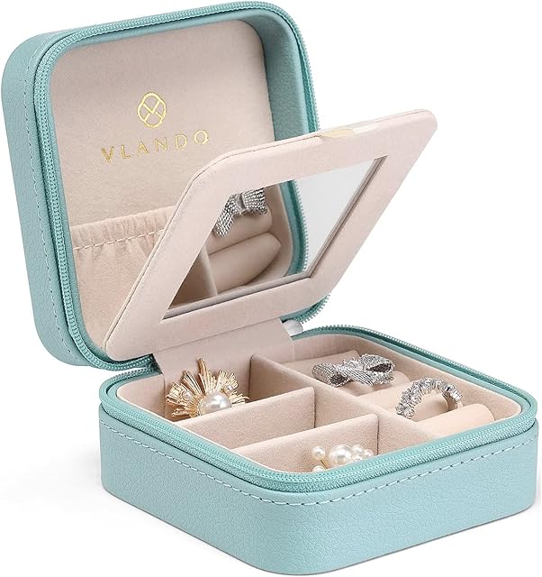 Vlando Small Travel Mirrored Jewellery Box Organizer - Refined Carry-on Jewelries Necklaces Rings Earrings Necklace Storage Case, Blue