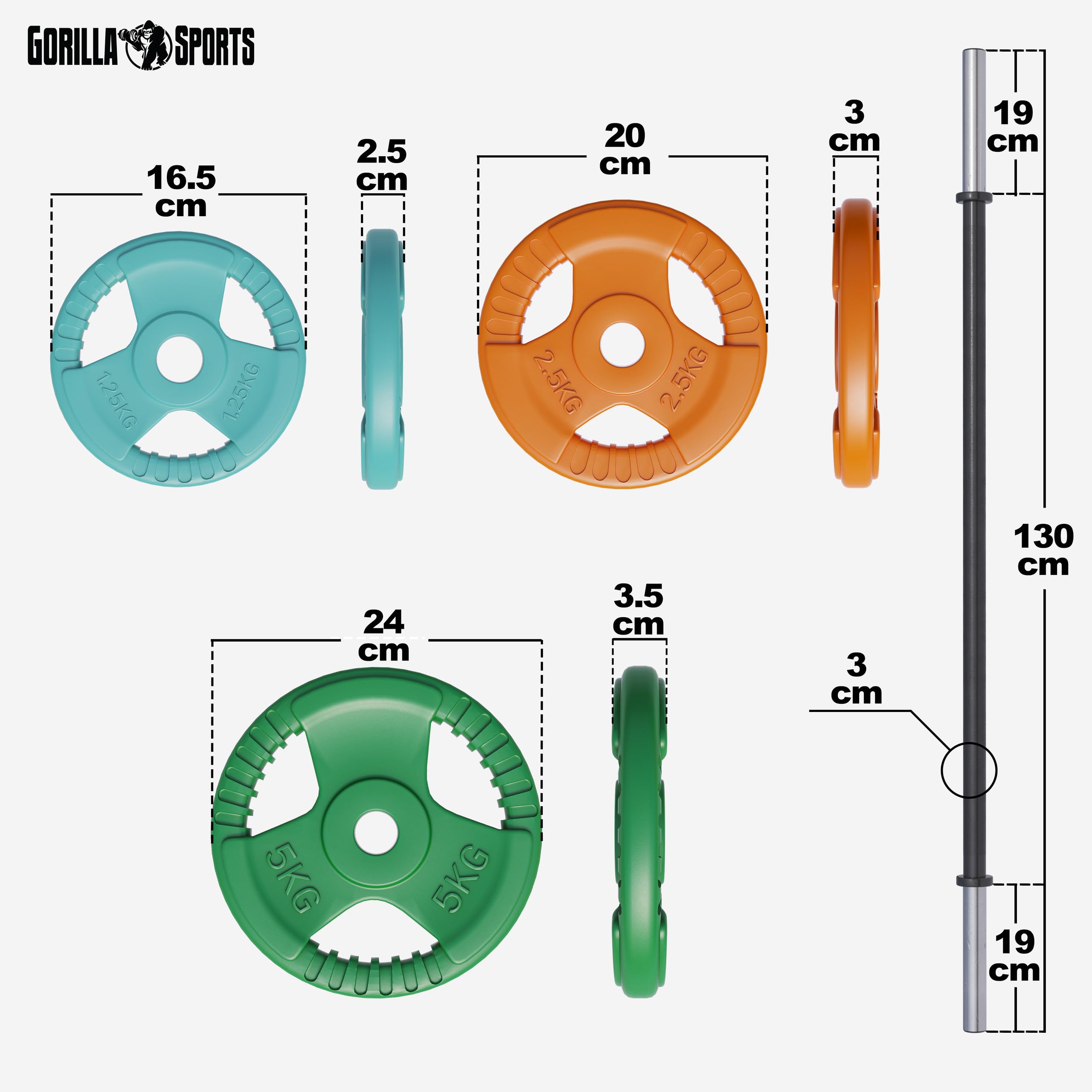 GORILLA SPORTS® Langhantel Set - 19,3 kg / 20 kg, Aerobic, 130 cm, 6 Hantelscheiben, 2x1,25kg, 2x2,5kg, 2x5kg Gewichte, 30mm, Gusseisen, Federverschlüsse - Hantelset, Pump Set, Langhantelset