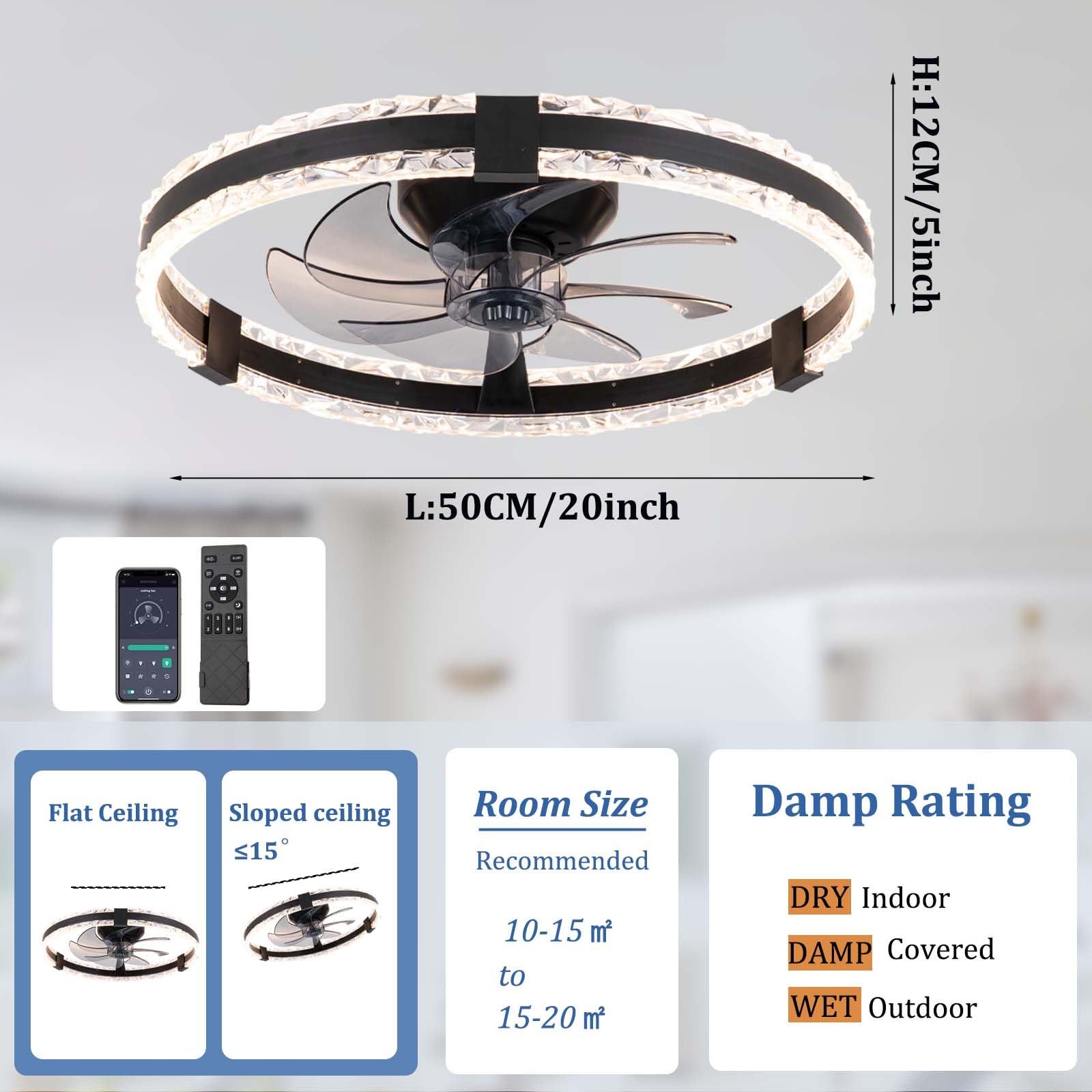 Lustre Ventilateur De Plafond LED, Abat-jour En Acrylique, Moteur DC 6 Vitesses Réversible Avec Télécommande, Ventilateur Silencieux Plafond Pour Chambre Et Salon-White
