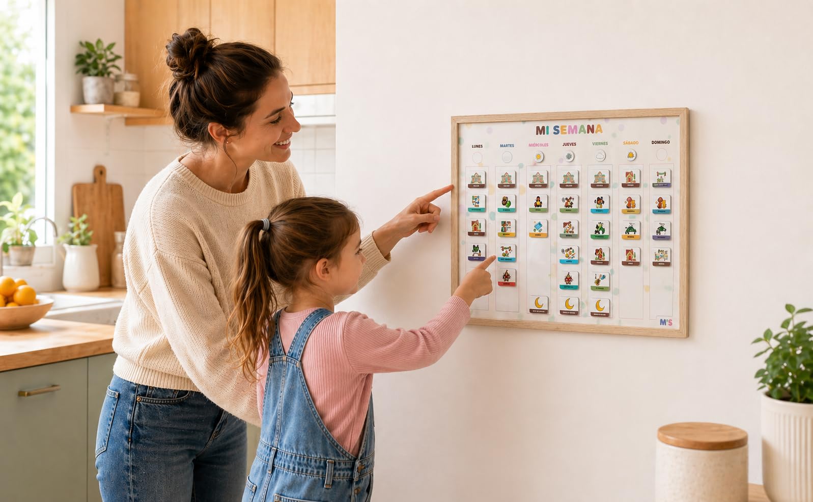 Horario imantado niños semanal en Español – Planificador Montessori magnético con actividades y clima – calendario semanal para niños -Agenda pizarra con imanes con pictogramas