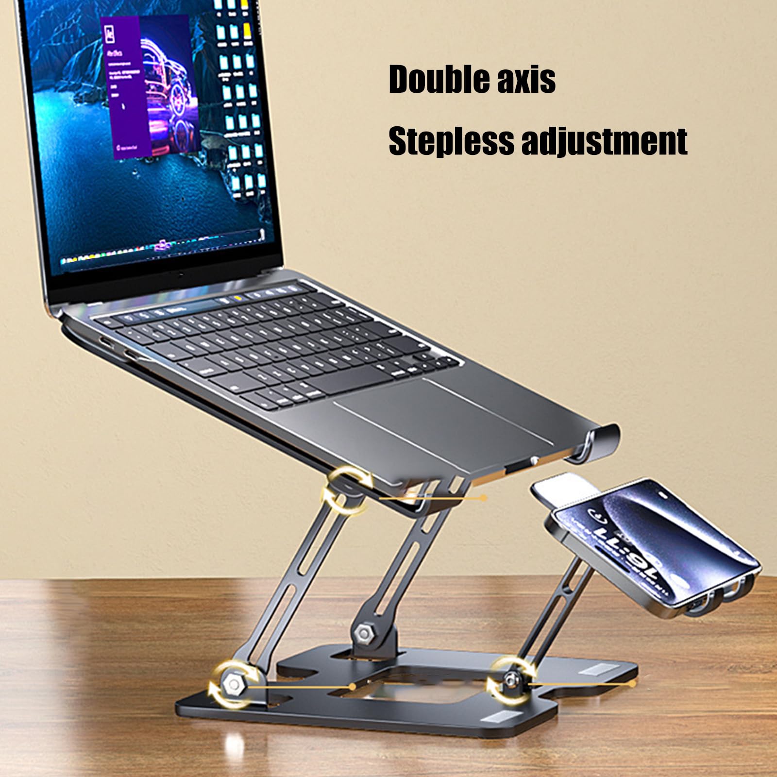 Supporto per laptop in lega di acciaio regolabile in altezza Base ventilata pieghevole imbottitura in silicone antiscivolo Ampia compatibilità Regolazione ergonomica Supporto per laptop