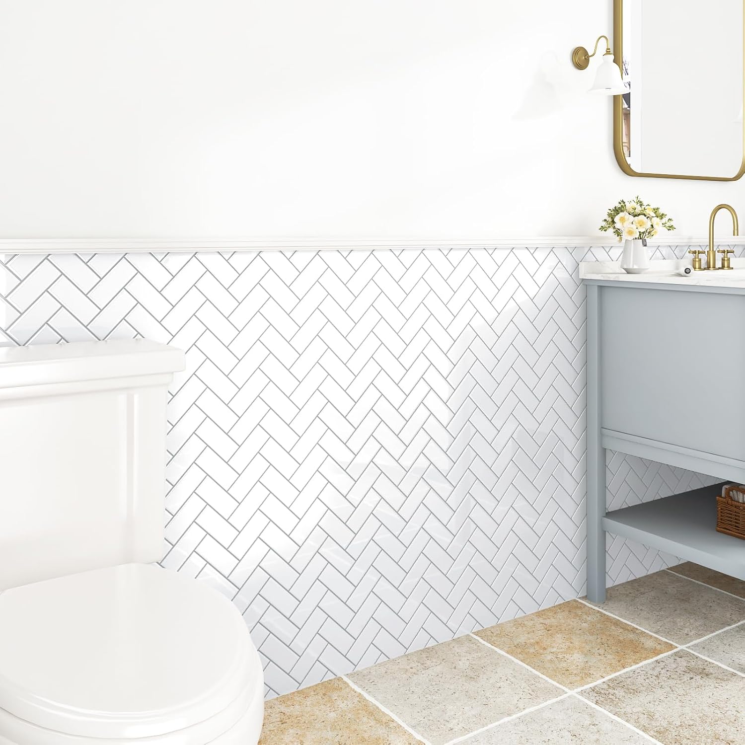 White Herringbone 3D Peel and Stick Backsplash Tile - 10 Sheets Glossy Wall Tiles for Kitchen Bathroom PVC Self Adhesive Tiles for Walls Fireplace 12"x12"