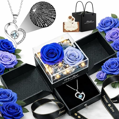 cdco Forever Love Preserved Real Rose with Heart Necklace, Mothers Day Gifts for Mom, Wife, Anniversary Birthday Gifts for Women – Projects “I Love You” in 100 Languages