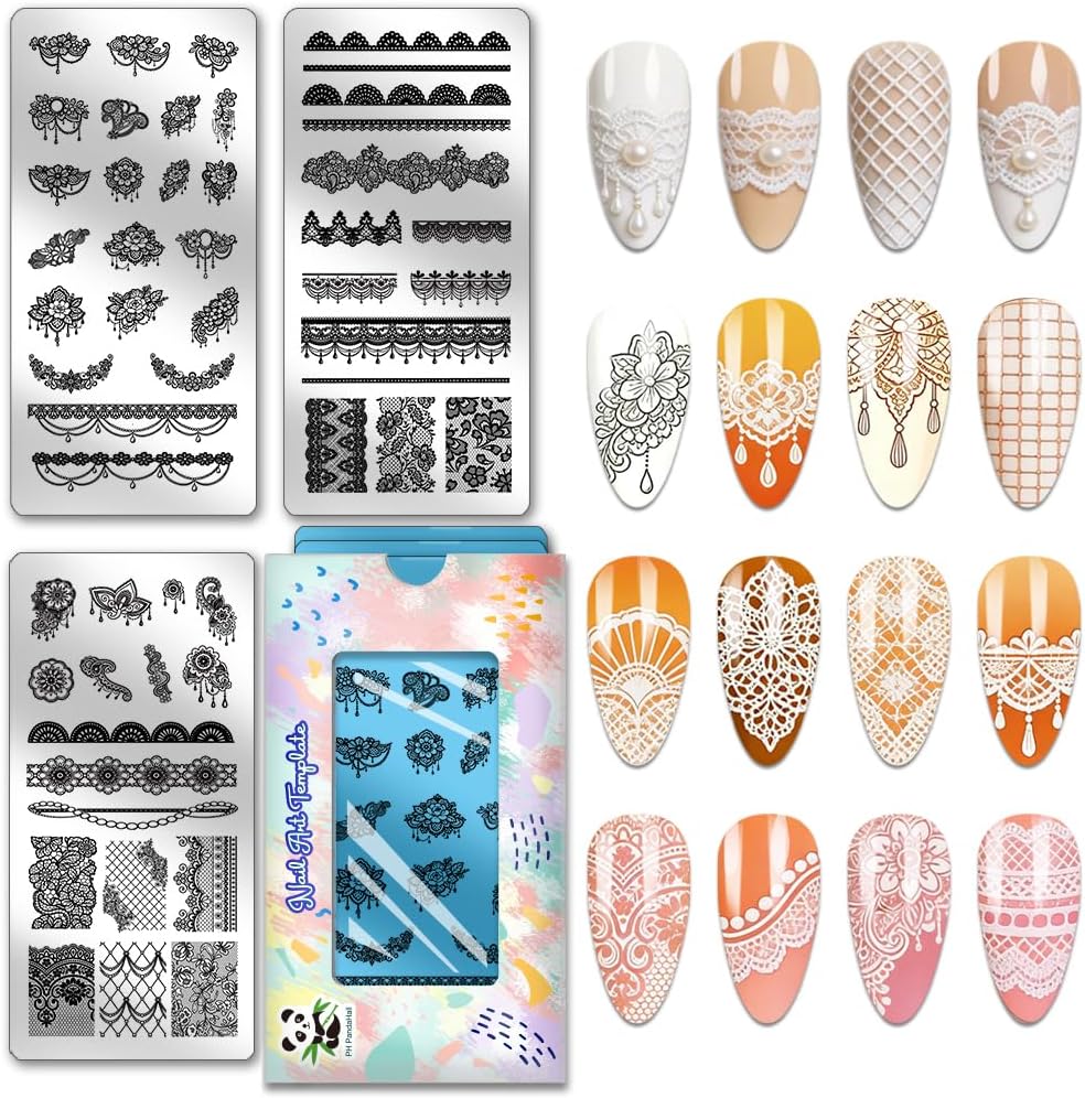 PH PandaHall 3pcs Lace Nail Stamping Plates Retro Lace Trim Nail Art Templates French Tip Nails Image Plates Flower Laces Nail Art Stencils for Women Manicuring Salon Printing Design Supplies