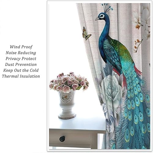 Miniatura 70 de Cortina opaca con estampado de pavo real, con estampado de animales retro, con bolsillo para cortinero y flores de peonía doradas, para dormitorio,