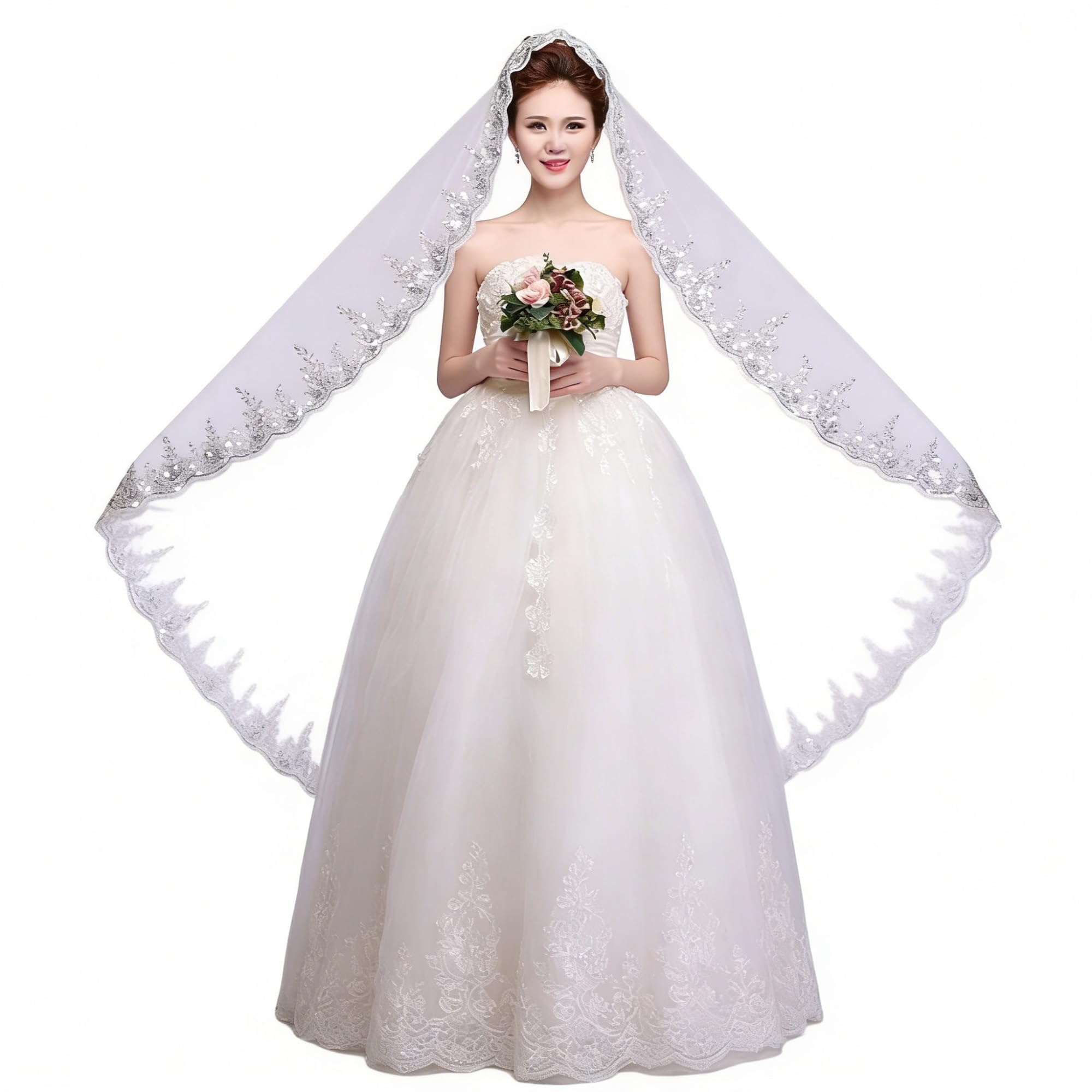 Generico Nuovo arrivo 1 strato paillettes pizzo bordo veli da sposa economici accessori da sposa Welon Matrimonio velo da sposa sexy