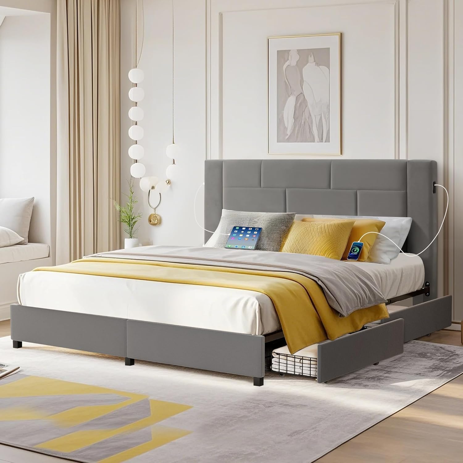 VECELO Full Bed Frame with 4 Storage Drawers, Velvet Upholstered Platform Beds Charging Station-Ports for USB and Type-C, Noise-Free, No Box Spring Needed, Easy Assembly, Light Grey