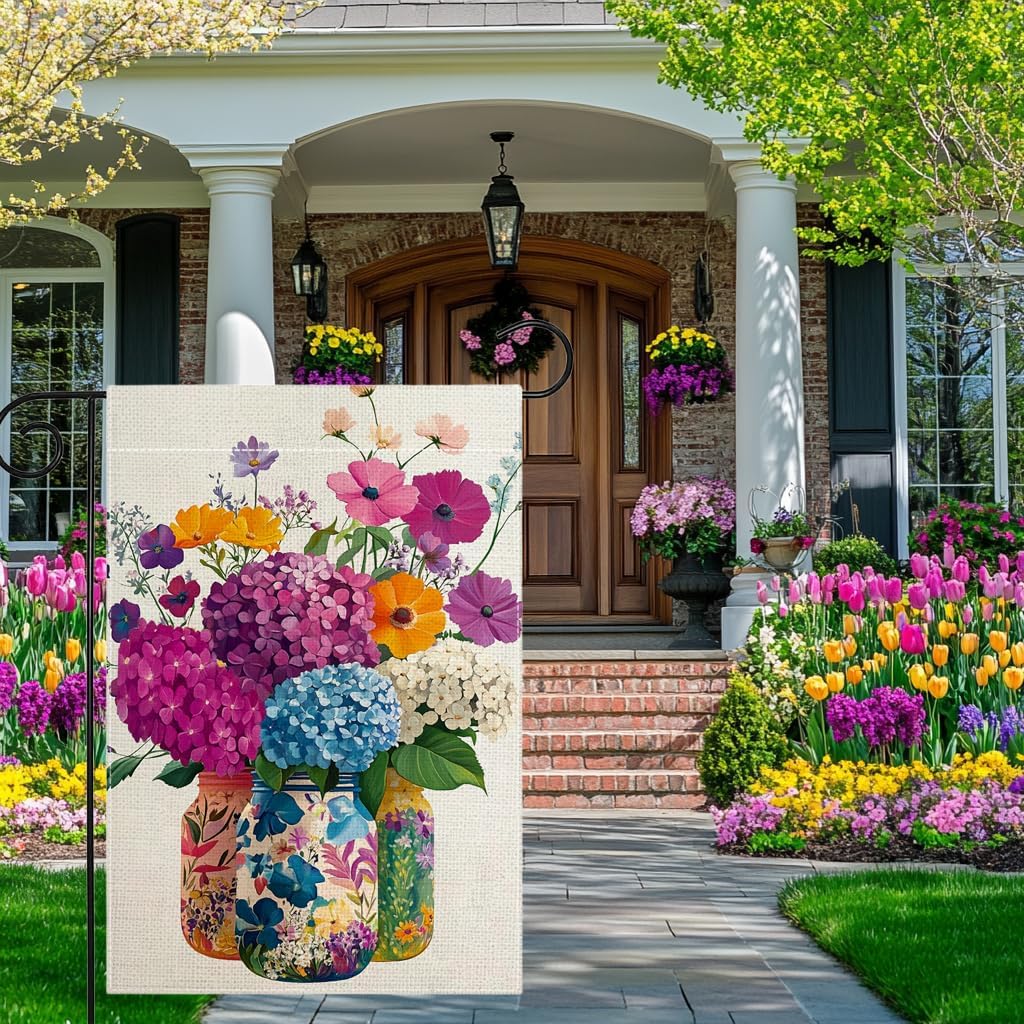 Spring Summer Colorful Floral Mason Jar Garden Flag 12x18 Inch Double Sided Hydrangea Flower Yard Outdoor Flag House Holiday Outside Decoration - Image 6