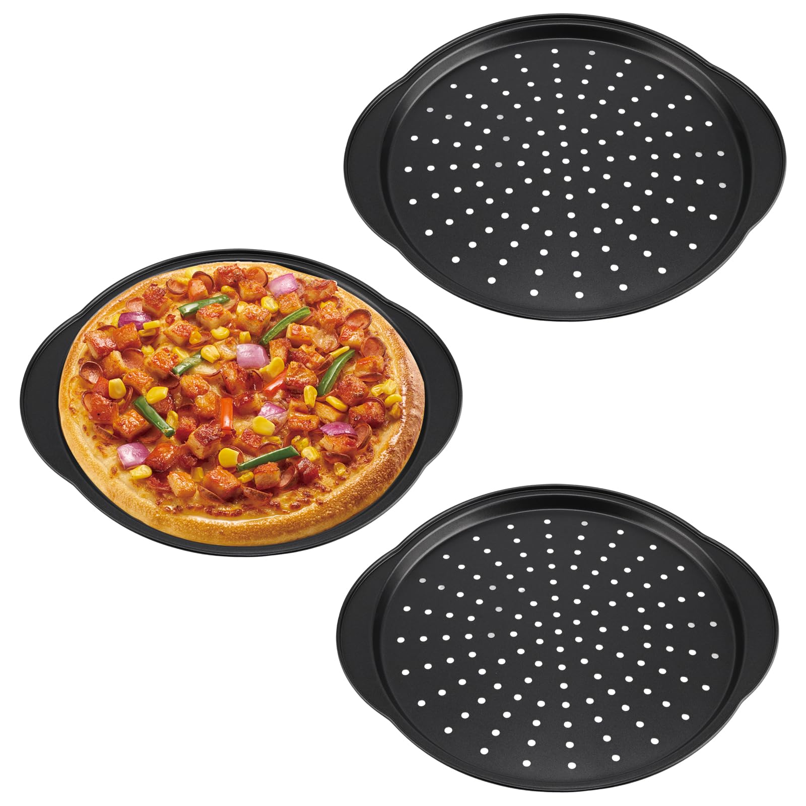 Plaque à Pizza Four - Lot de 3 Plaques à Pizza Rondes Perforées 32 cm - Acier au Carbone Antiadhésif Noir - Pour Four, Cuisine, Pizzeria Maison, Tartes Flambées