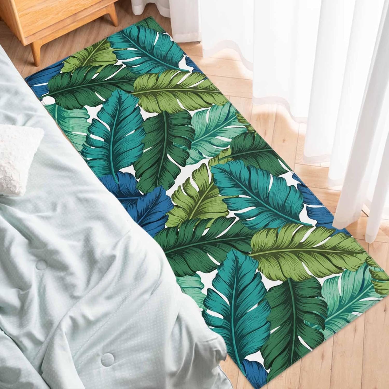 2 Pieces Kitchen Rugs and Mats,Summer Green Banana Leaf Area Runner Rug Set Non Slip Floor Doormat Washable Carpet Standing Mat for Kitchen Sink Indoor Corridor,Colorful Tropical Plant Theme