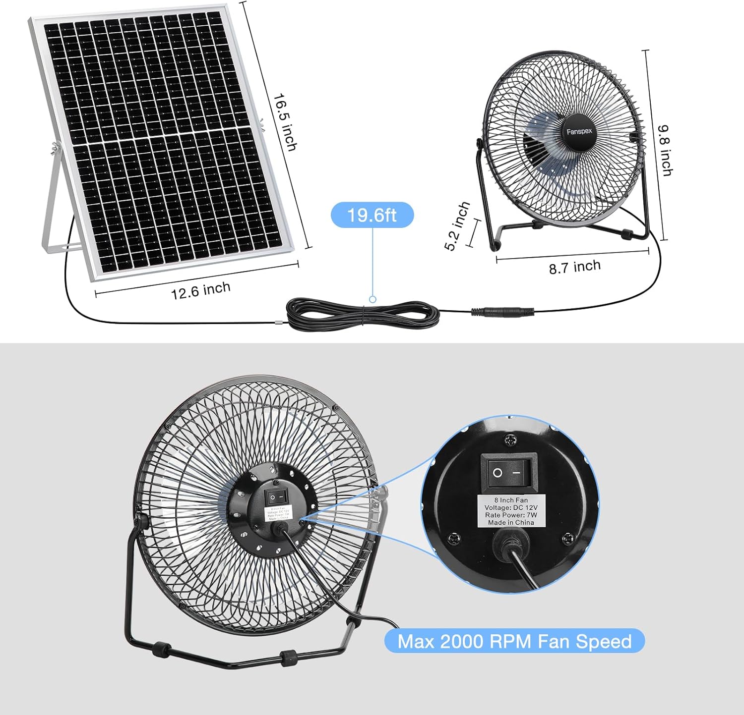 Fanspex 8" Solar Fan for Outdoor Chicken Coop, Small Greenhouse, Dog House Cooing or Air Circulation, 25W solar panel Powered Fans with Adjust Tilt