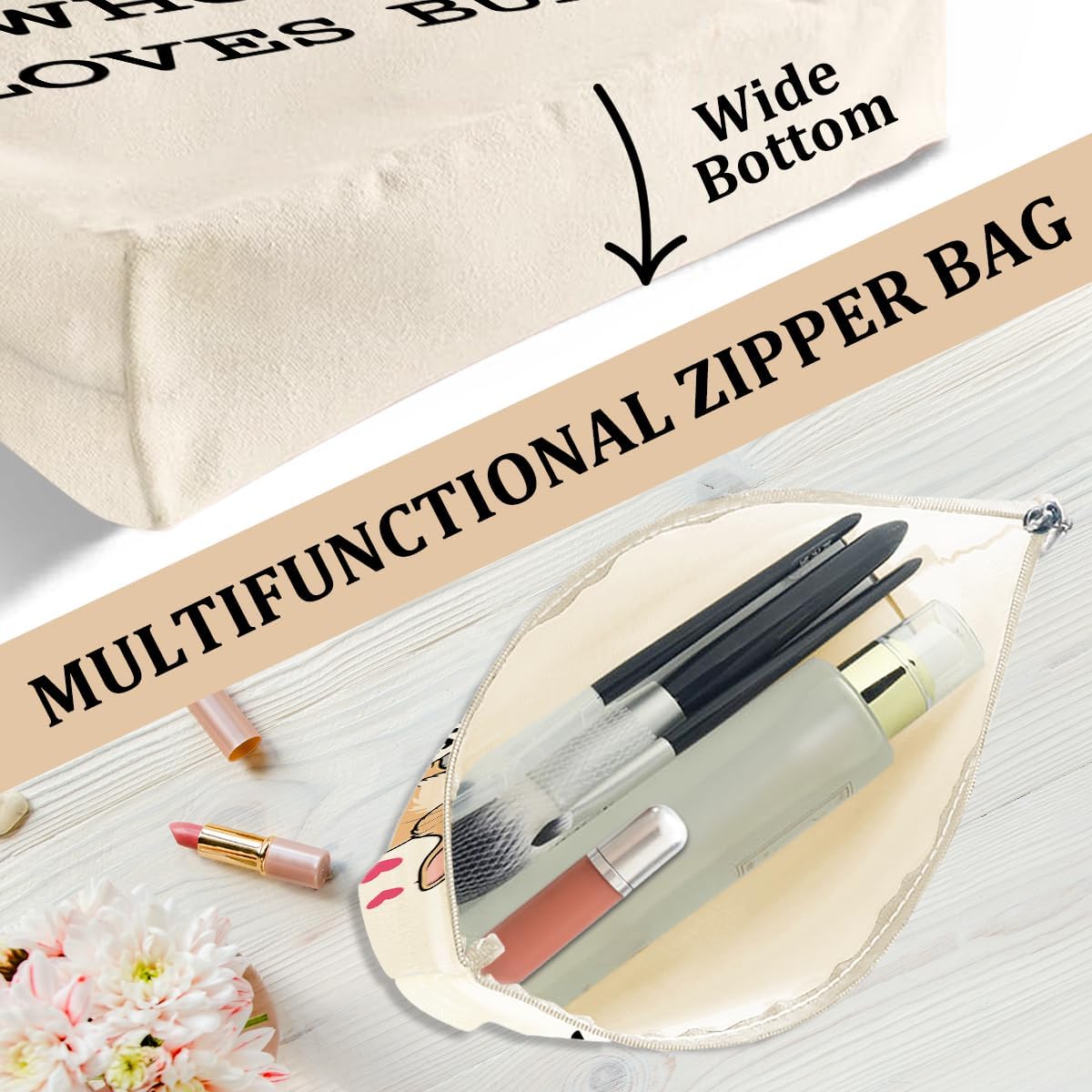 jeilink Watercolor Dinosaur Horse Wolf Fox Cow Chicken Canvas Tote Bag with Makeup Bag for Women Girls Birthday Christmas - Image 5