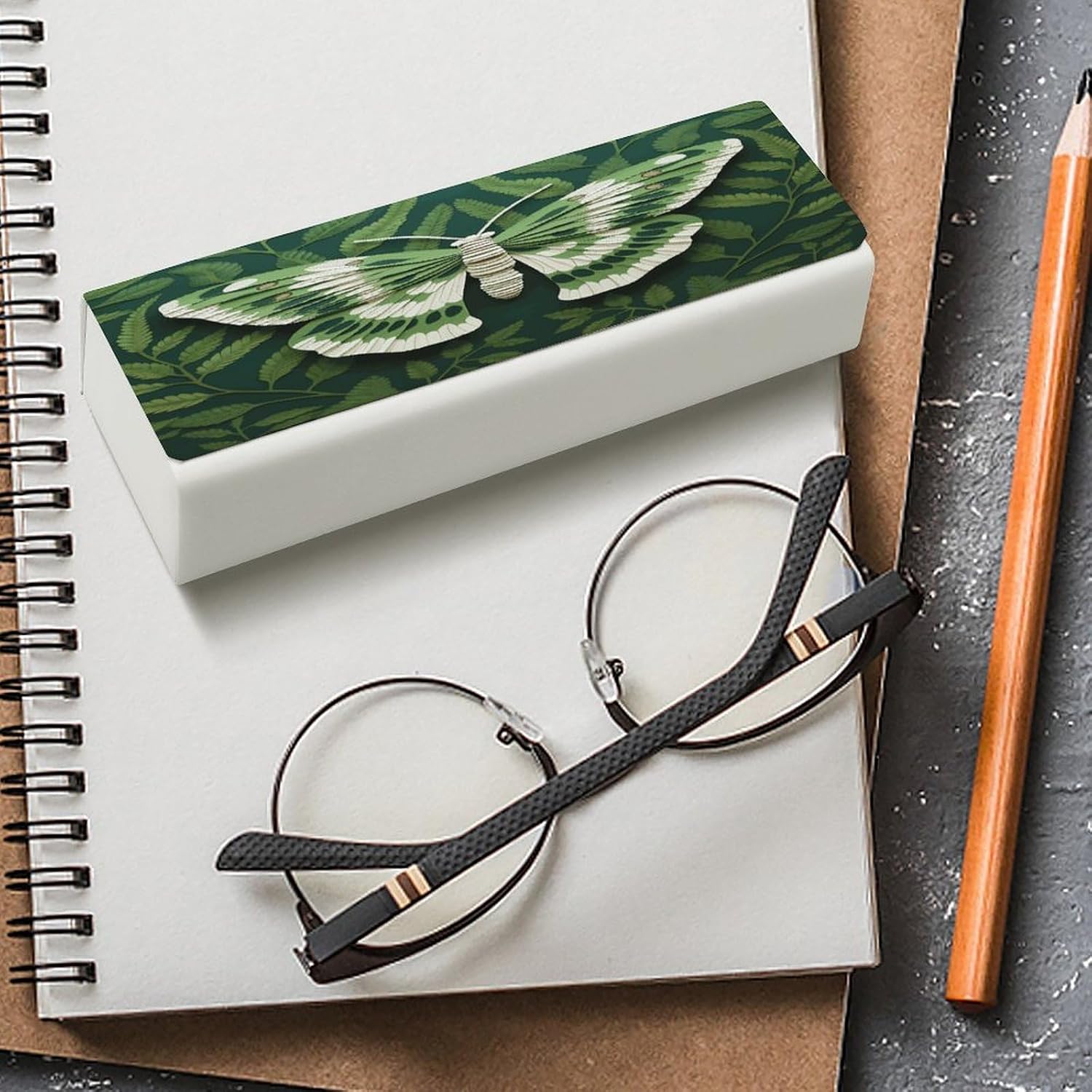White Moth Eyeglasses Case Hard Shell for Men Women PU Leather Eyeglass Cover Fashionable Travel Sunglasses Cases Portable Reading Glasses Cover with Cleaning Cloth