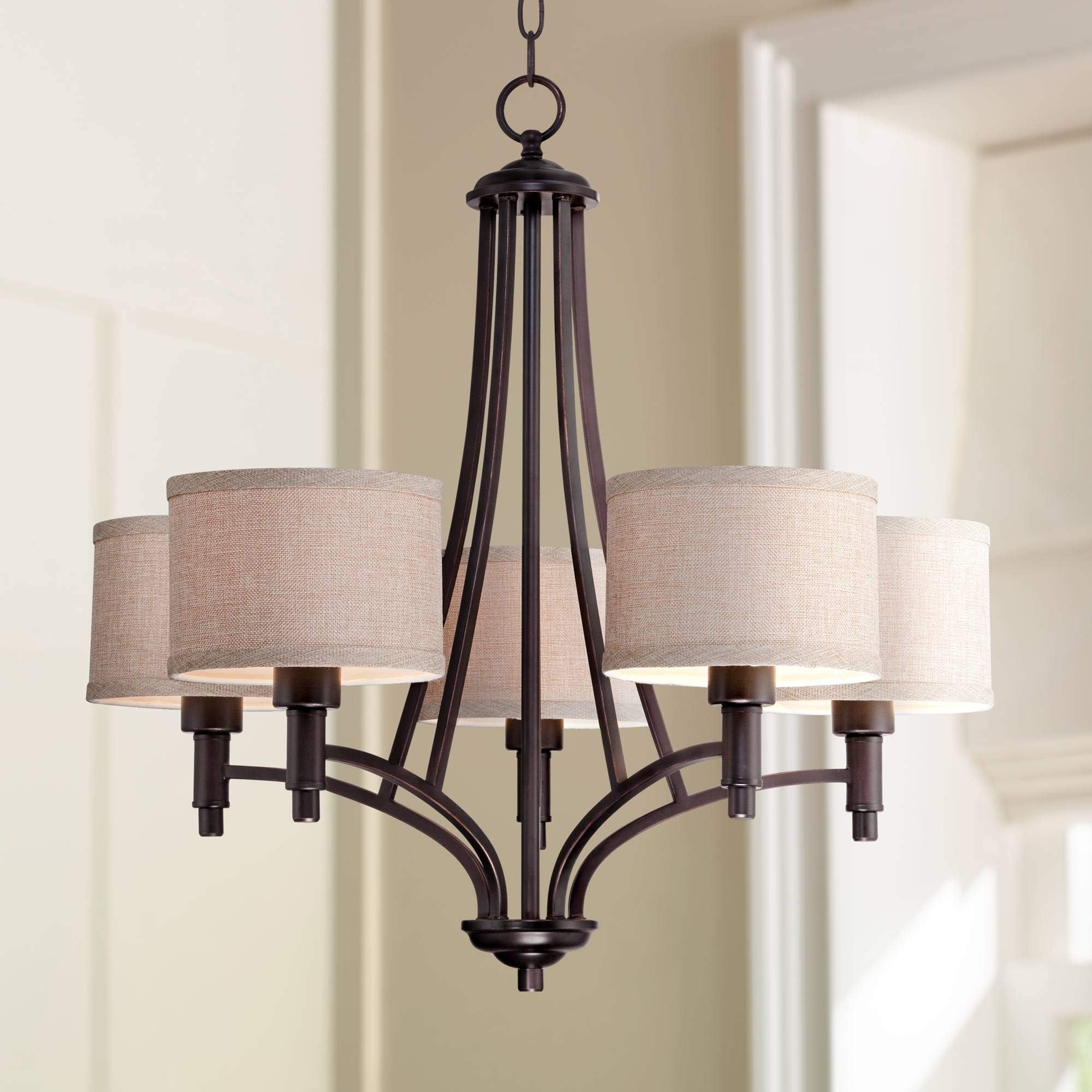 Franklin Iron Works La Pointe Works Oil Rubbed Bronze Chandelier 26" Wide Arched Arms Oatmeal Linen Shades 5-Light Fixture for Cottage Core Dining Room House Foyer Kitchen Island Entryway Bedroom