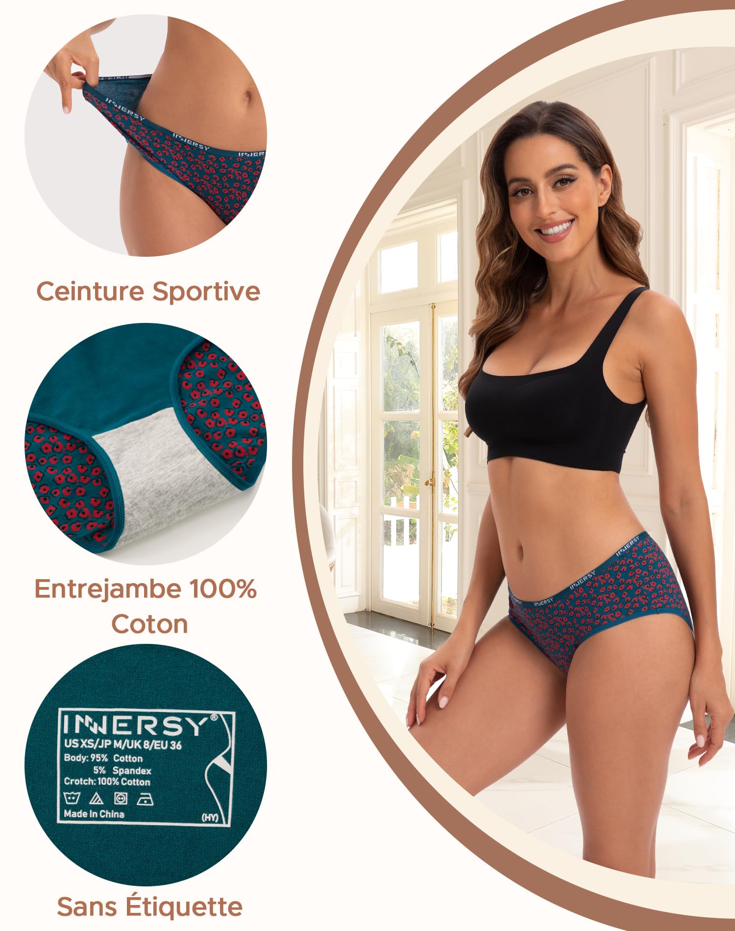 INNERSY Culotte Femme Coton Stretch Taille Basse sous-vêtements Douce Bikini Slips Sport Lot de 6