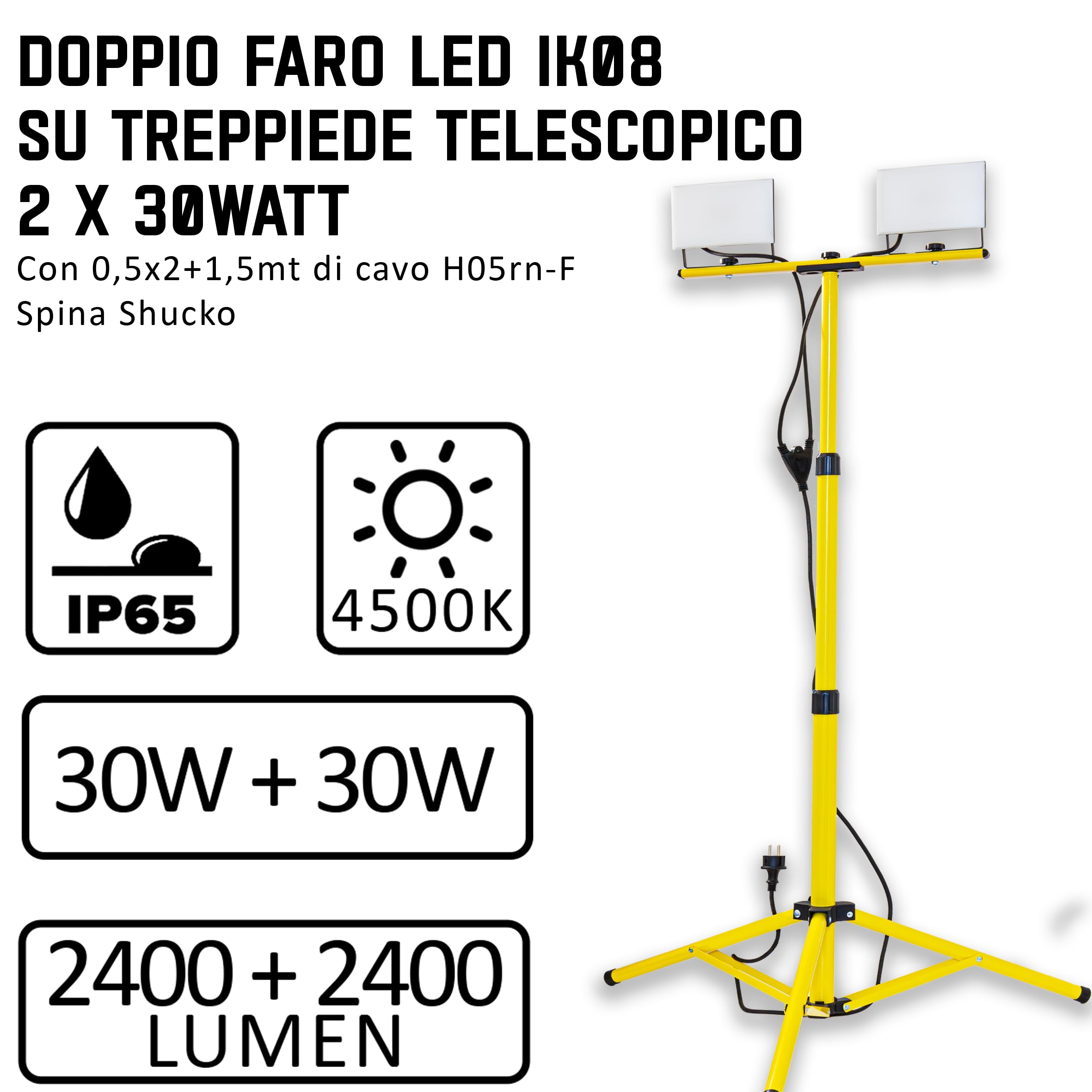 Faretto LED da Cantiere su Treppiede Telescopico - 60Watt, 4800 Lumen, luce bianca 4000K, Impermeabile IP65, Antirottura IK08 - Faretto LED da Esterno, Proiettore da Esterno per Cantiere