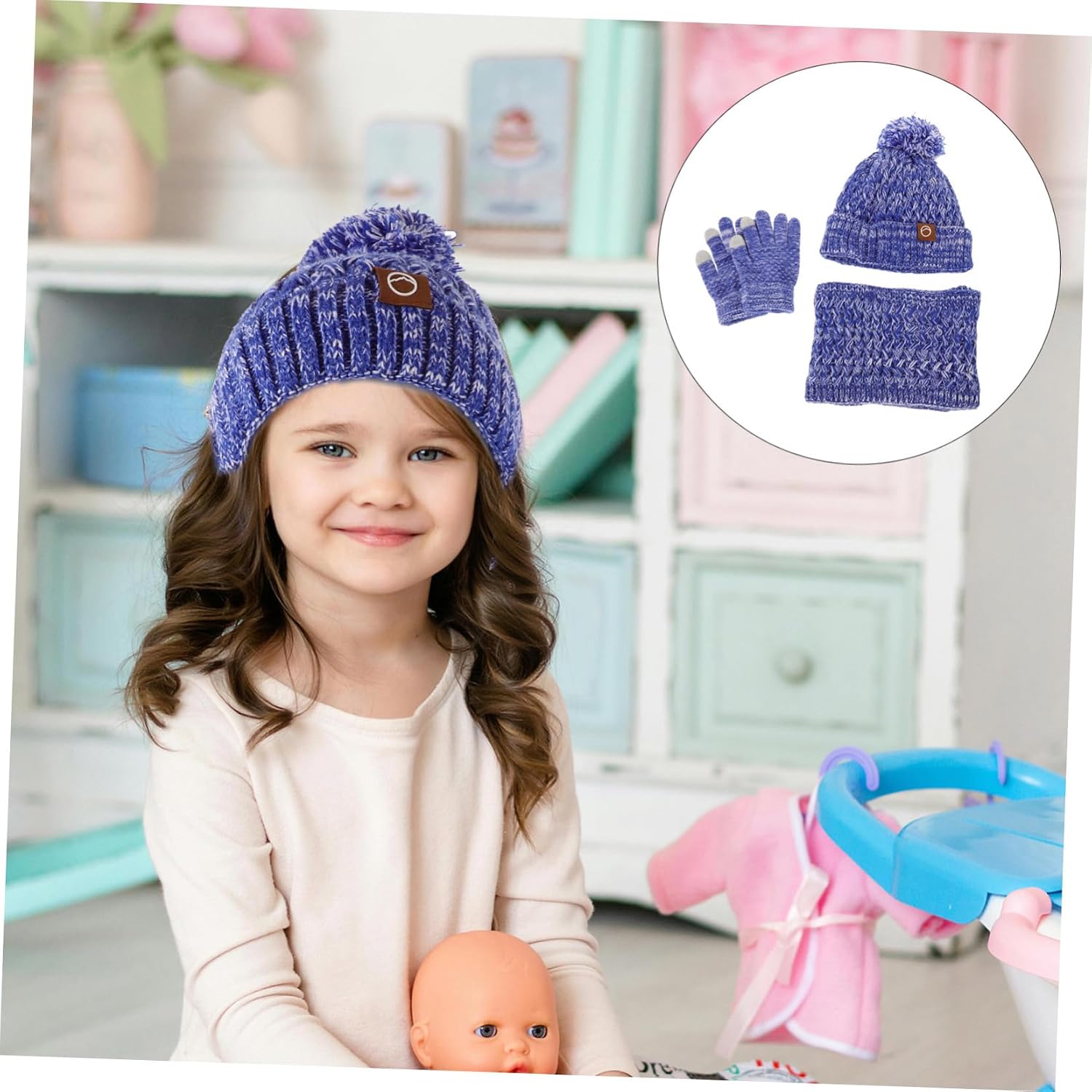 COLLBATH Hand Knitted Boys and Girls Winter Hat Scarf Set Pom Pom Fleece Lined Gloves Sky-Blue