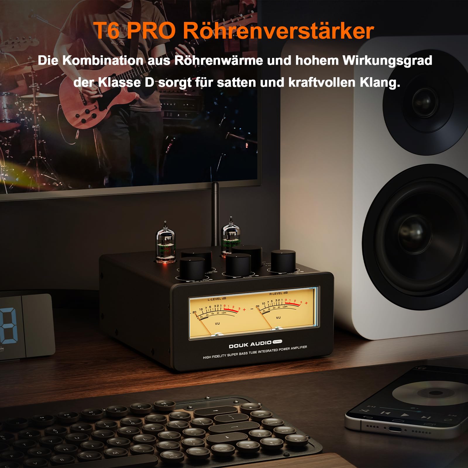 Douk Audio T6 PRO wzmacniacz rurowy Bluetooth: 300 W x2 TPA3255 2-kanałowy wzmacniacz stereo – podwójny miernik VU i Super Bass – do kina domowego i systemów Hi-Fi (żółty)