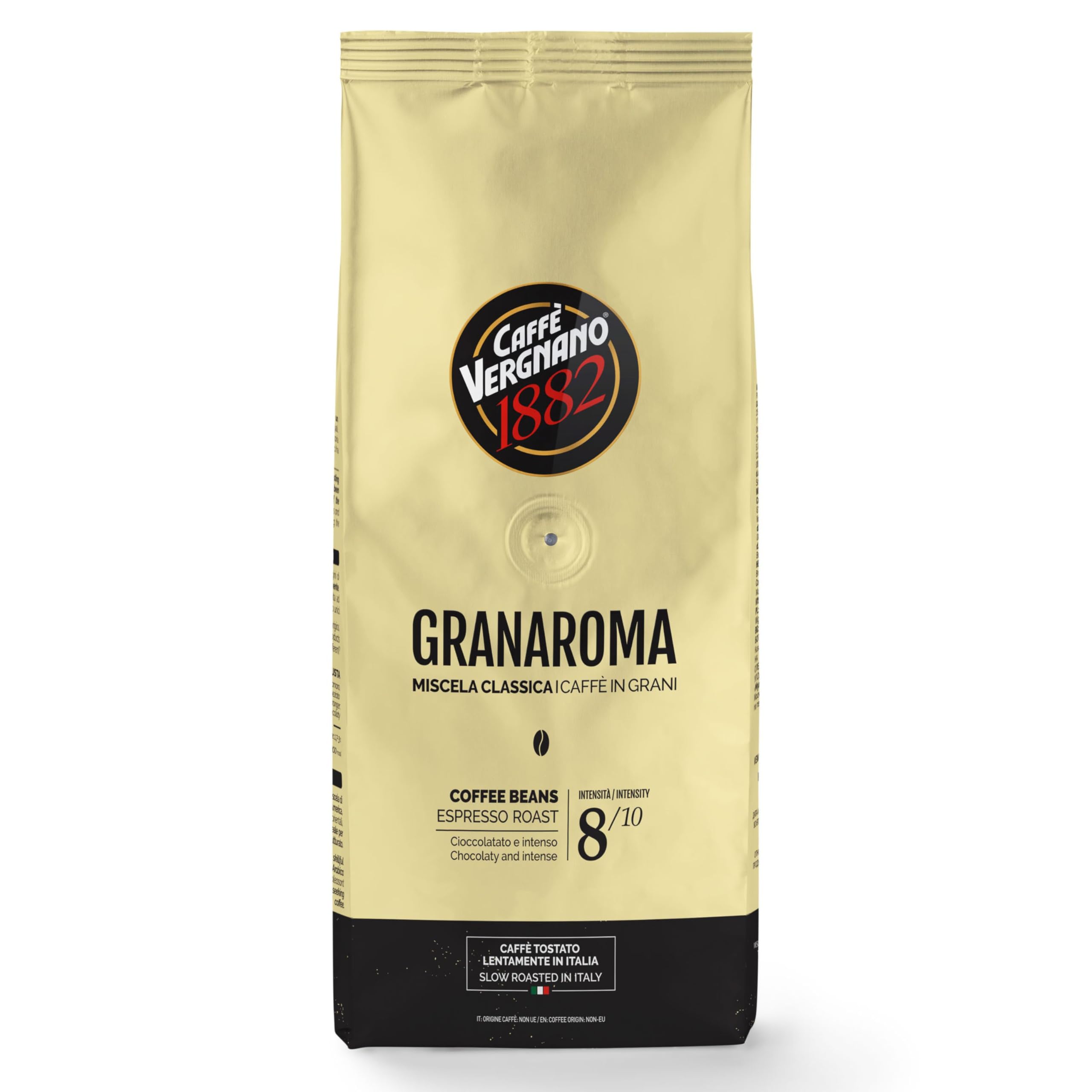 Caffe Vergnano 1882 Gran Aroma Whole Bean Arabica Medium Espresso Roast Coffee, 2.2lbs Bag - Italian Coffee Beans with Rich notes of Cocoa, Spices & Dried Fruit, Intensity 8/10-1000g Bag