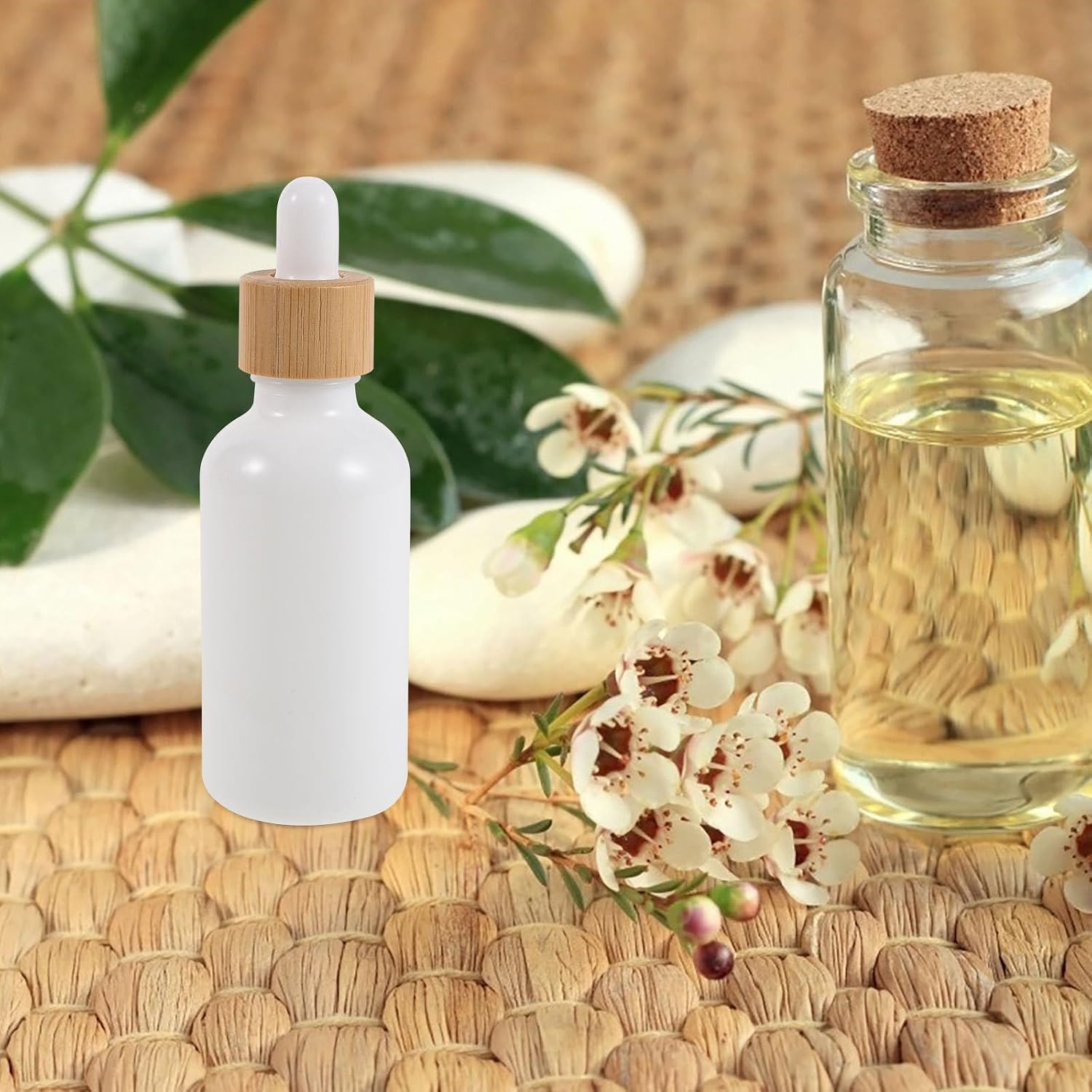 4pcs Glass Essential Oil Bottles with Dropper - Leakproof Sample Vials and Bamboo Cap - Small Refillable Containers for Travel and Home Use 50 Ml