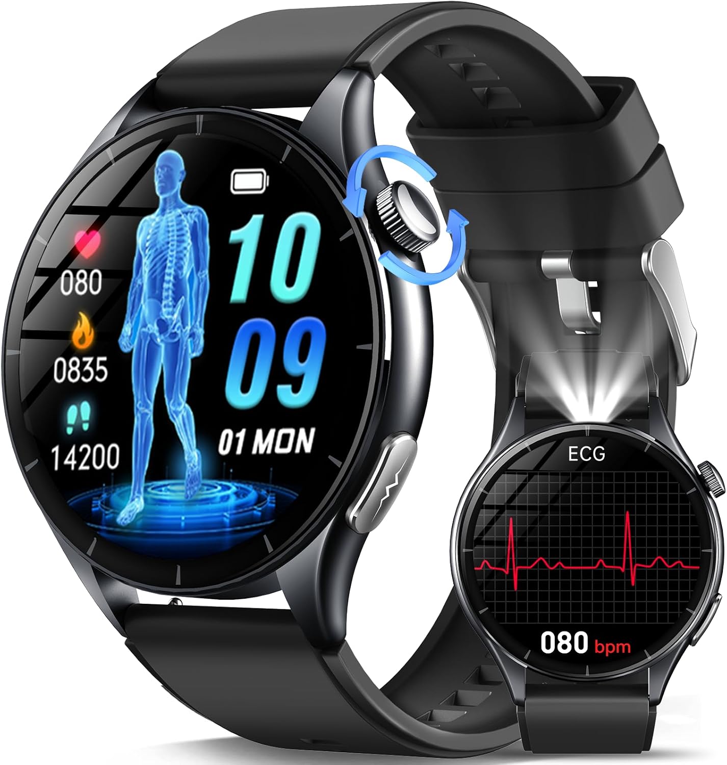 2026 Men's Smartwatch with ECG/BI Pressure / BMI / HRV / Uric Acid / LED Light, 1.56 Inch AMOLED Round Health Watch with SpO2/Heart Rate Monitor Sleep Monitor SOS Emergency Call Fitness Watch for iOS/Android – Marsyu product photo
